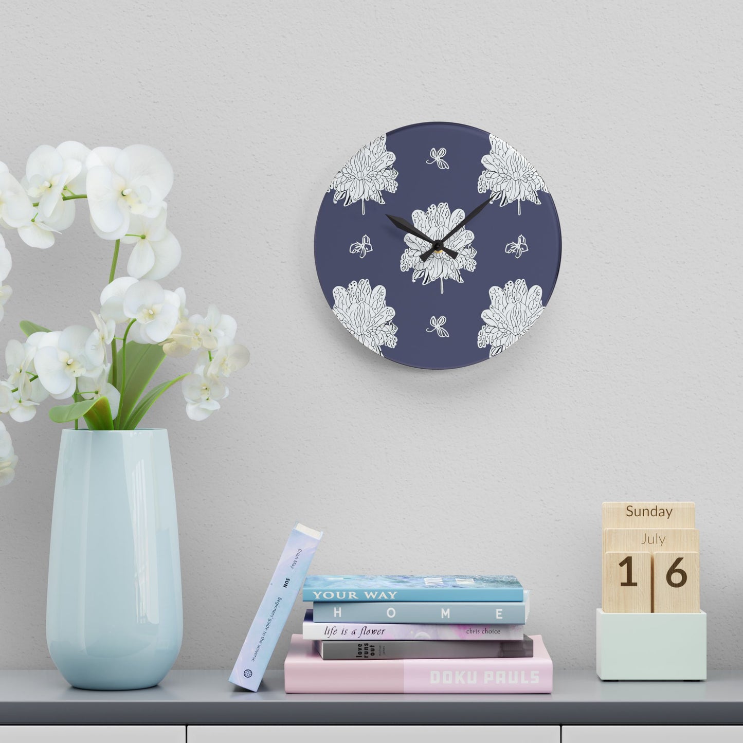 White Floral Butterflies Acrylic Wall Clock, Round or Square, 10.75" x 10.75"
