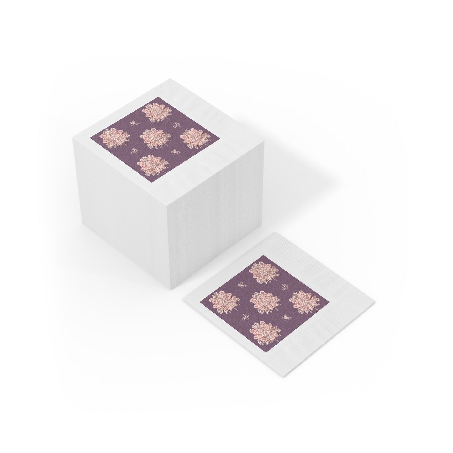 Pink Floral Butterflies White Coined Napkins, 6.5" x 6.5"