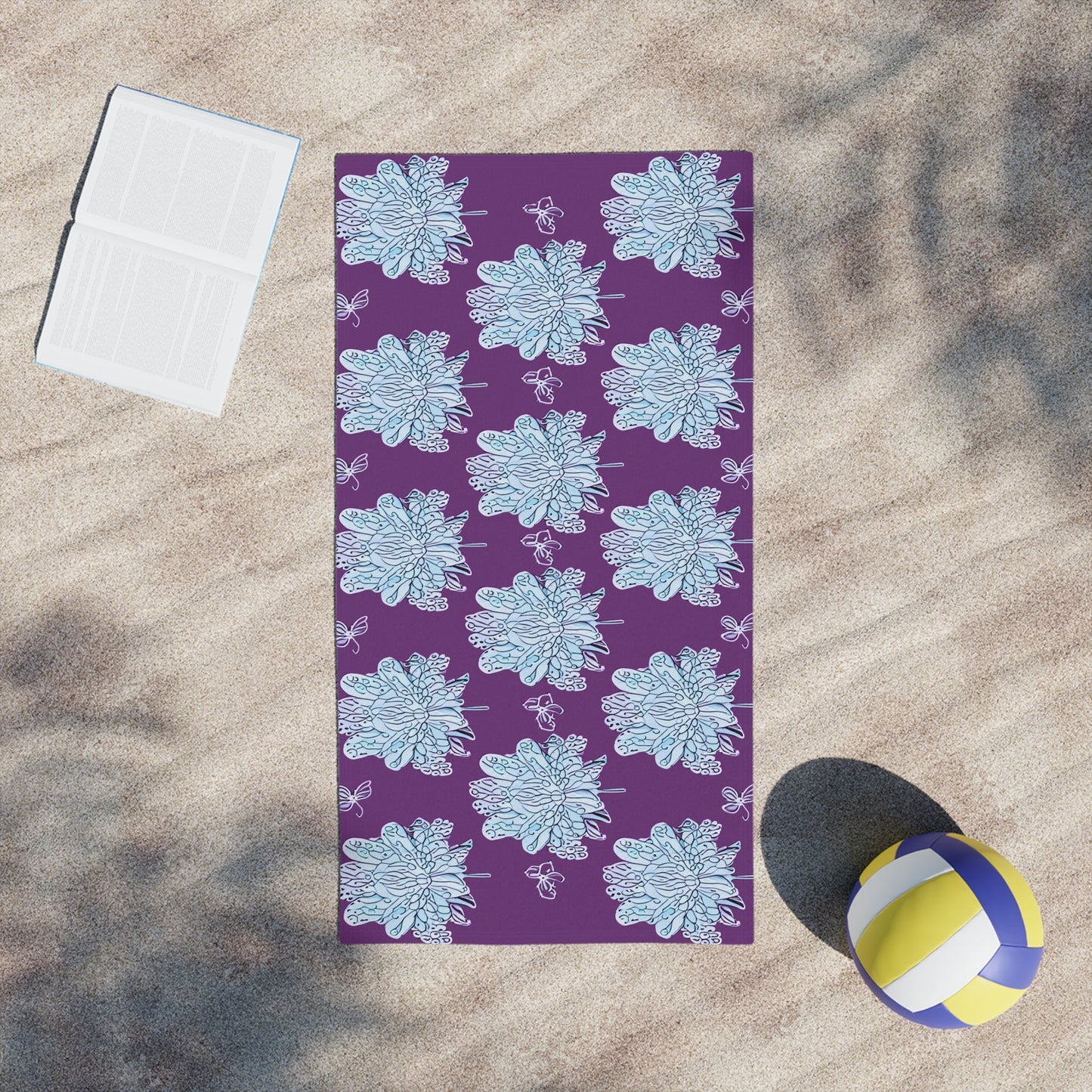 Blue Floral Butterflies Beach Towel, 24" x 44"