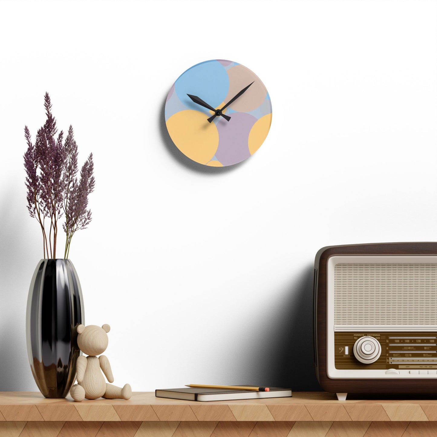 Pastel Baby Blue and Peach Patches Acrylic Round Wall Clock, 8" x 8"