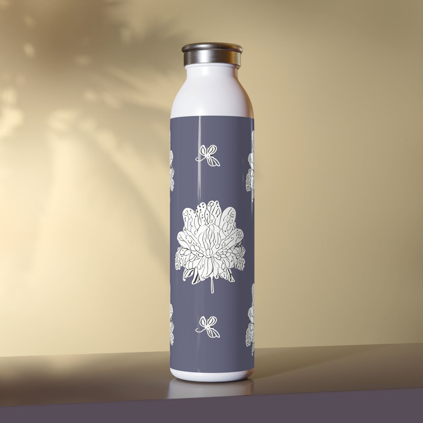 White Floral Butterflies Slim Water Bottle, 20 oz White