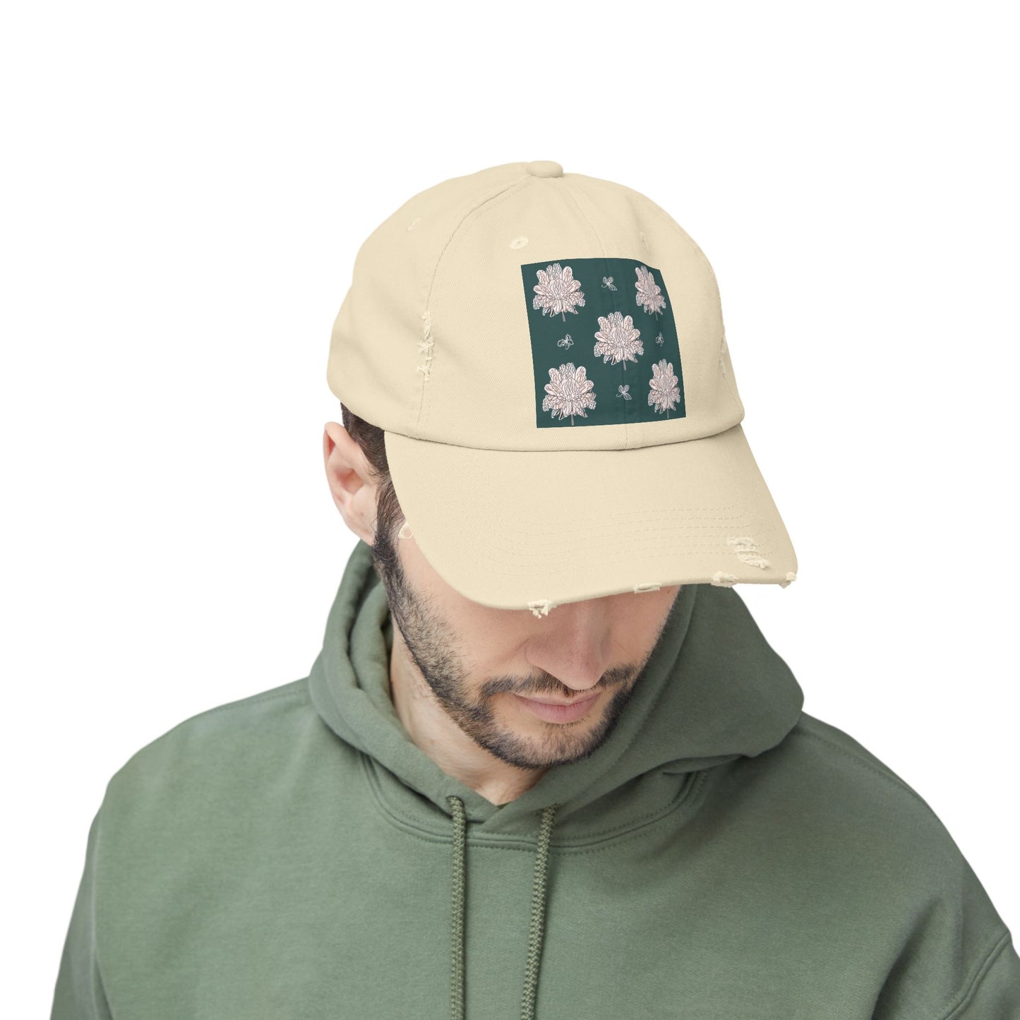 Soft White Floral Butterflies Unisex Distressed Cap