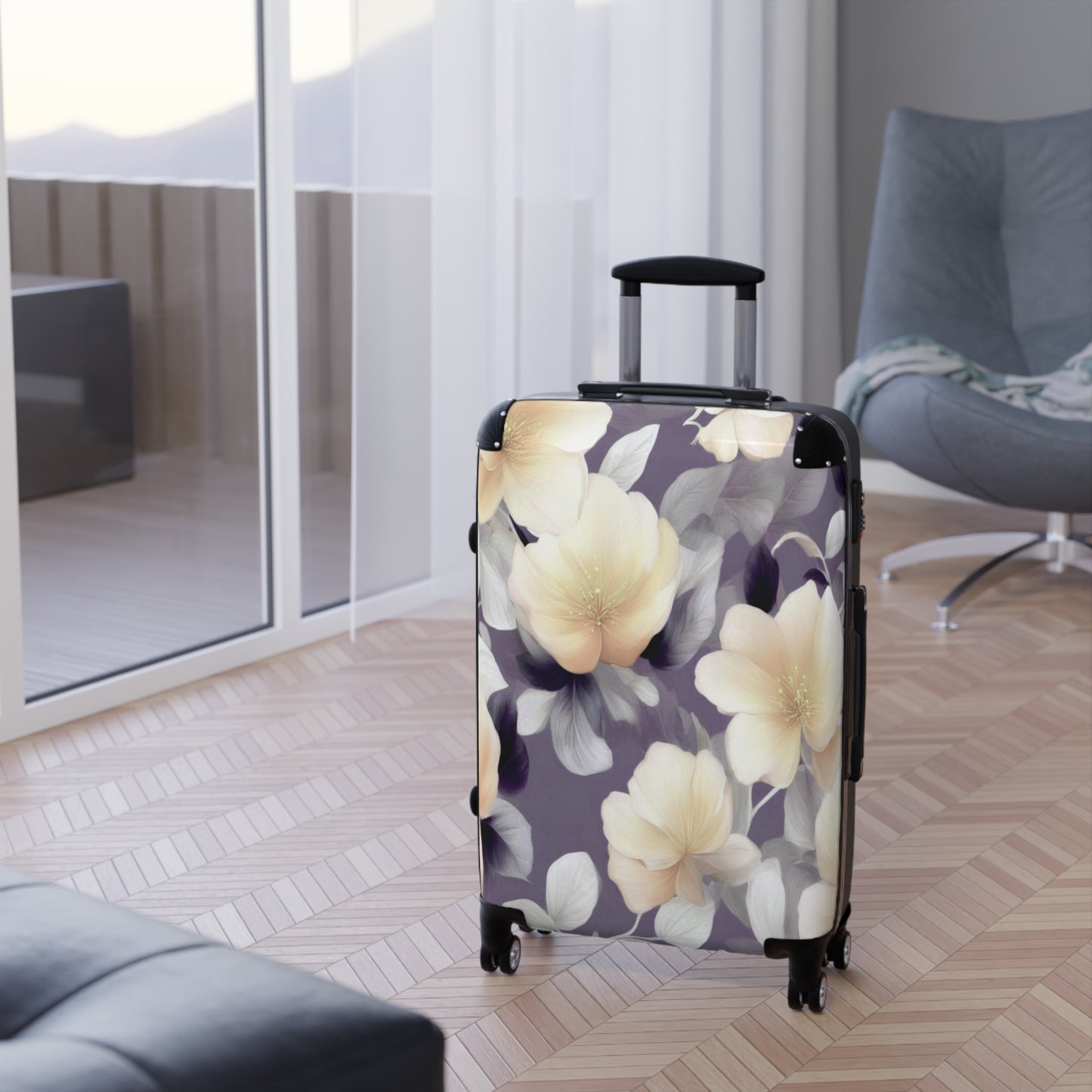 White Blush Floral Bunch Medium Suitcase with built in lock, 4 double-wheels, telescopic handle, and ABS back hard-shell