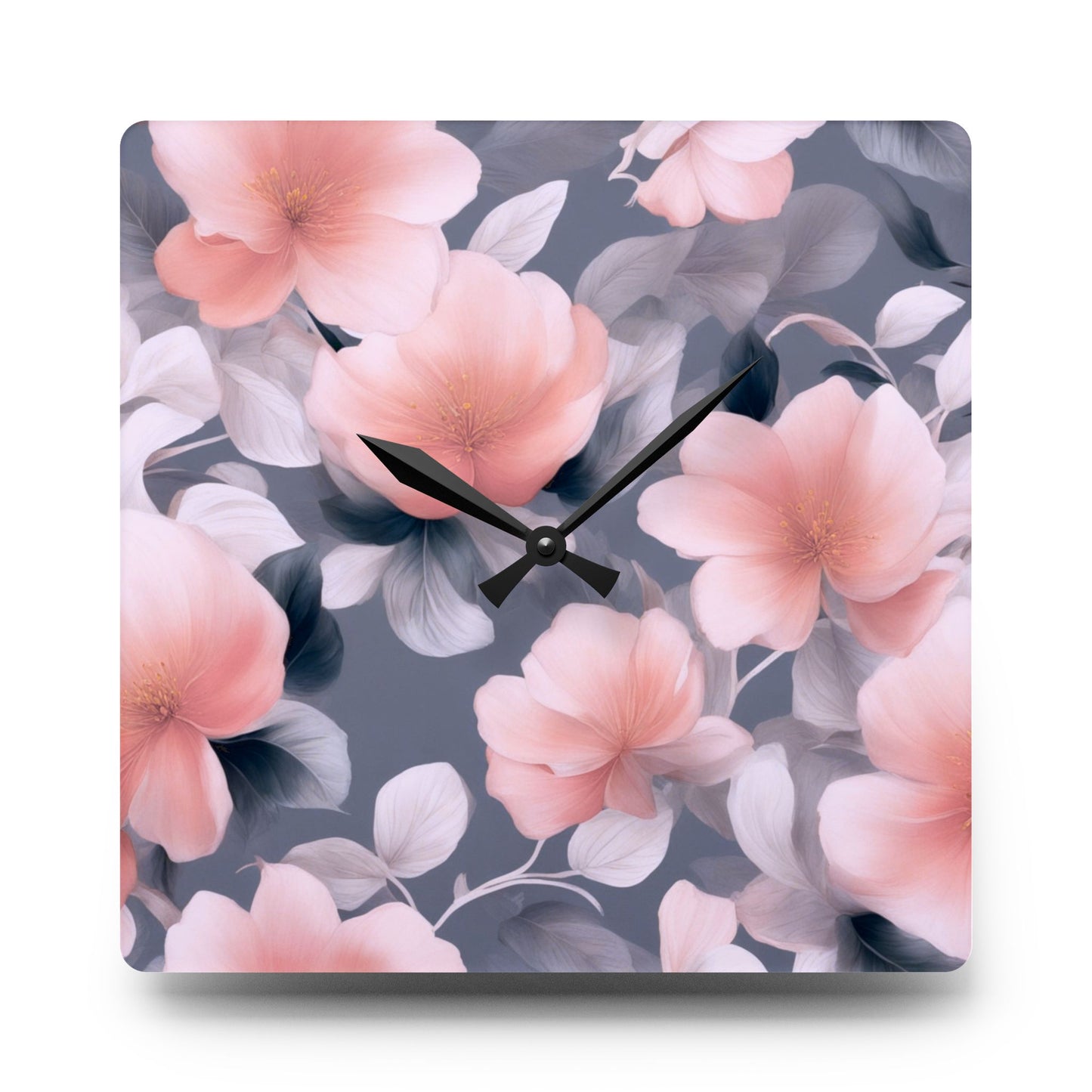 Peach and Blue Gray Floral Bunch Acrylic Wall Clock, Round or Square, 10.75" x 10.75"