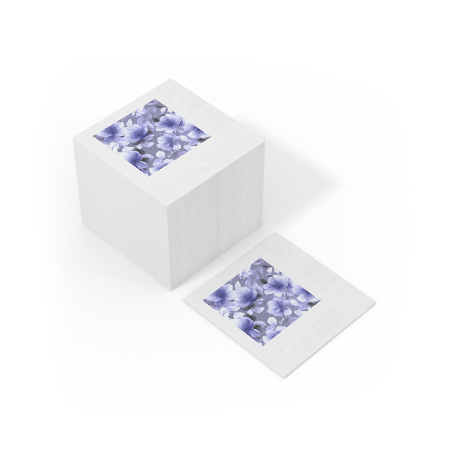 Indigo Blossom Floral Bunch White Coined Napkins, 4.8" x 4.8"