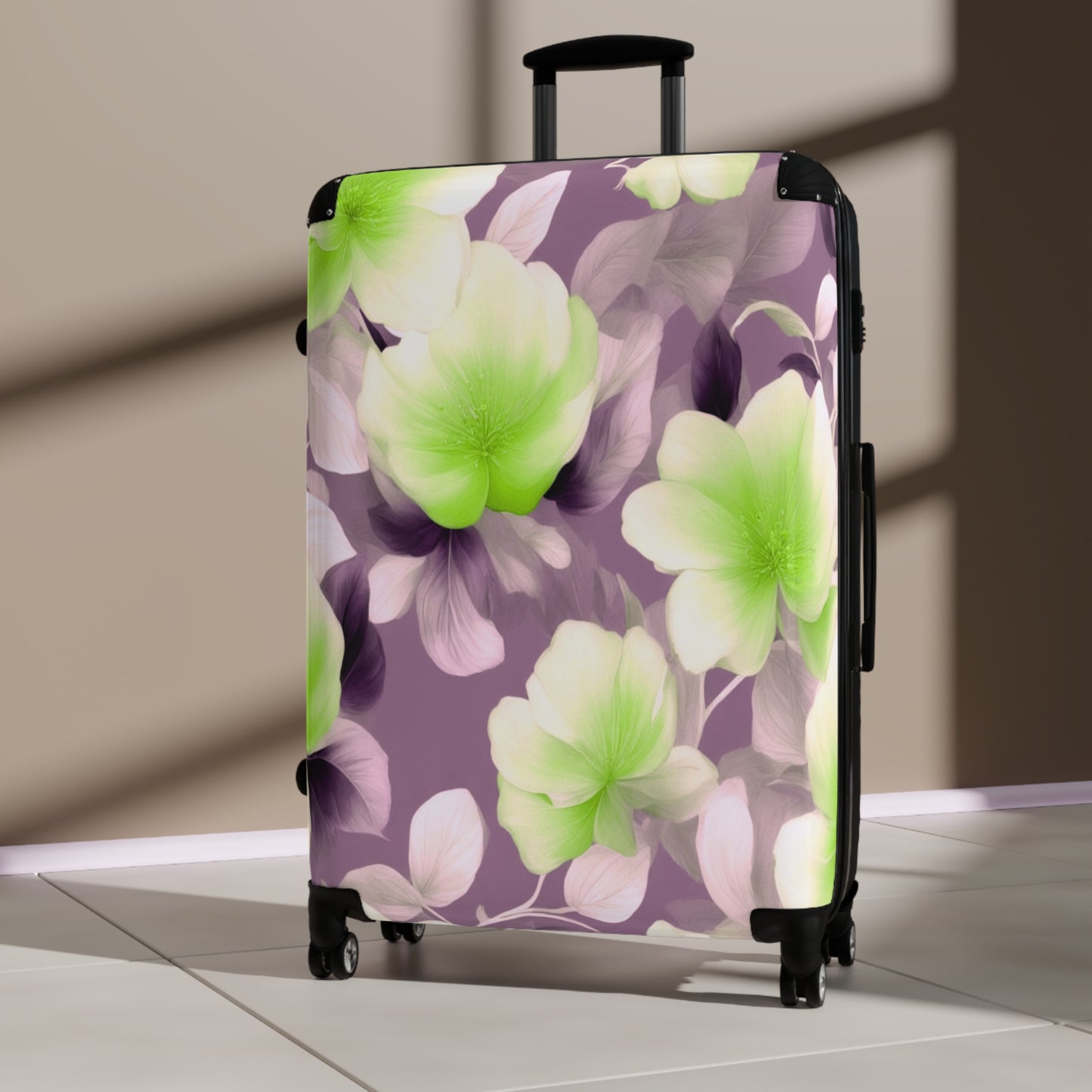 Lime Lavender Floral Bunch Large Suitcase with built in lock, 4 double-wheels, telescopic handle, and ABS back hard-shell