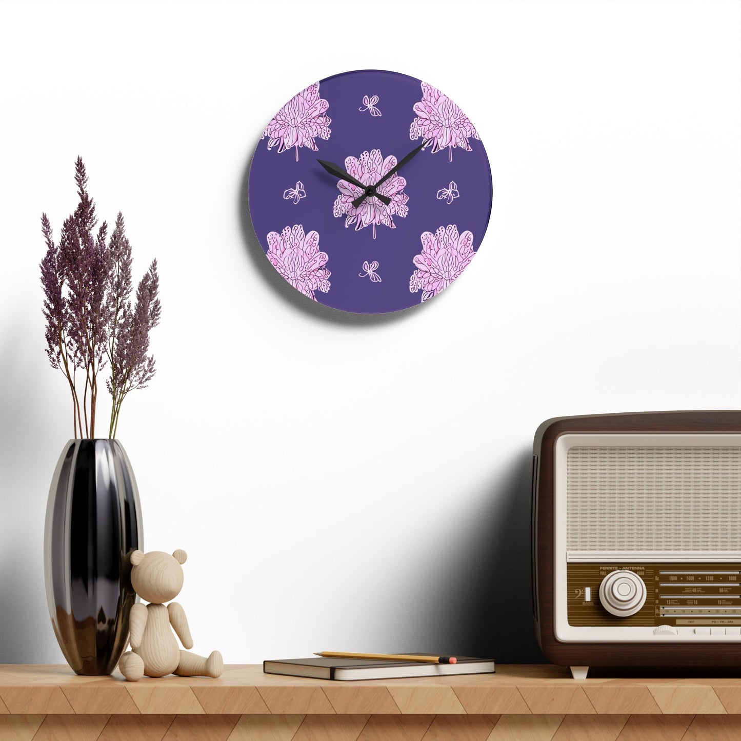 Magenta Floral Butterflies Acrylic Wall Clock, Round or Square, 10.75" x 10.75"