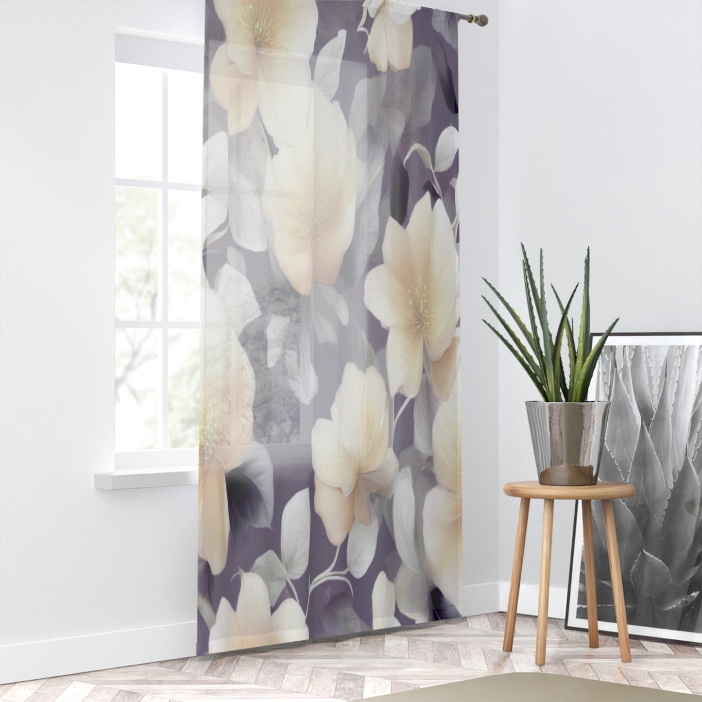 White Blush Floral Bunch Sheer Window Curtain, 50" x 84", partially transparent