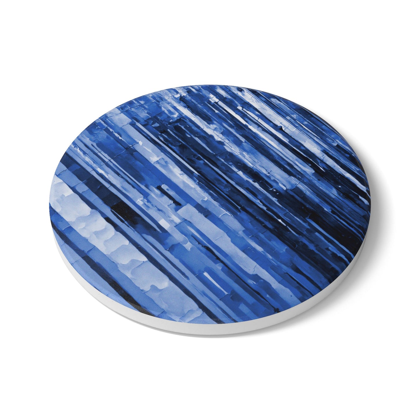 Striped Deep Blue 4" x 4" Round Ceramic Coaster