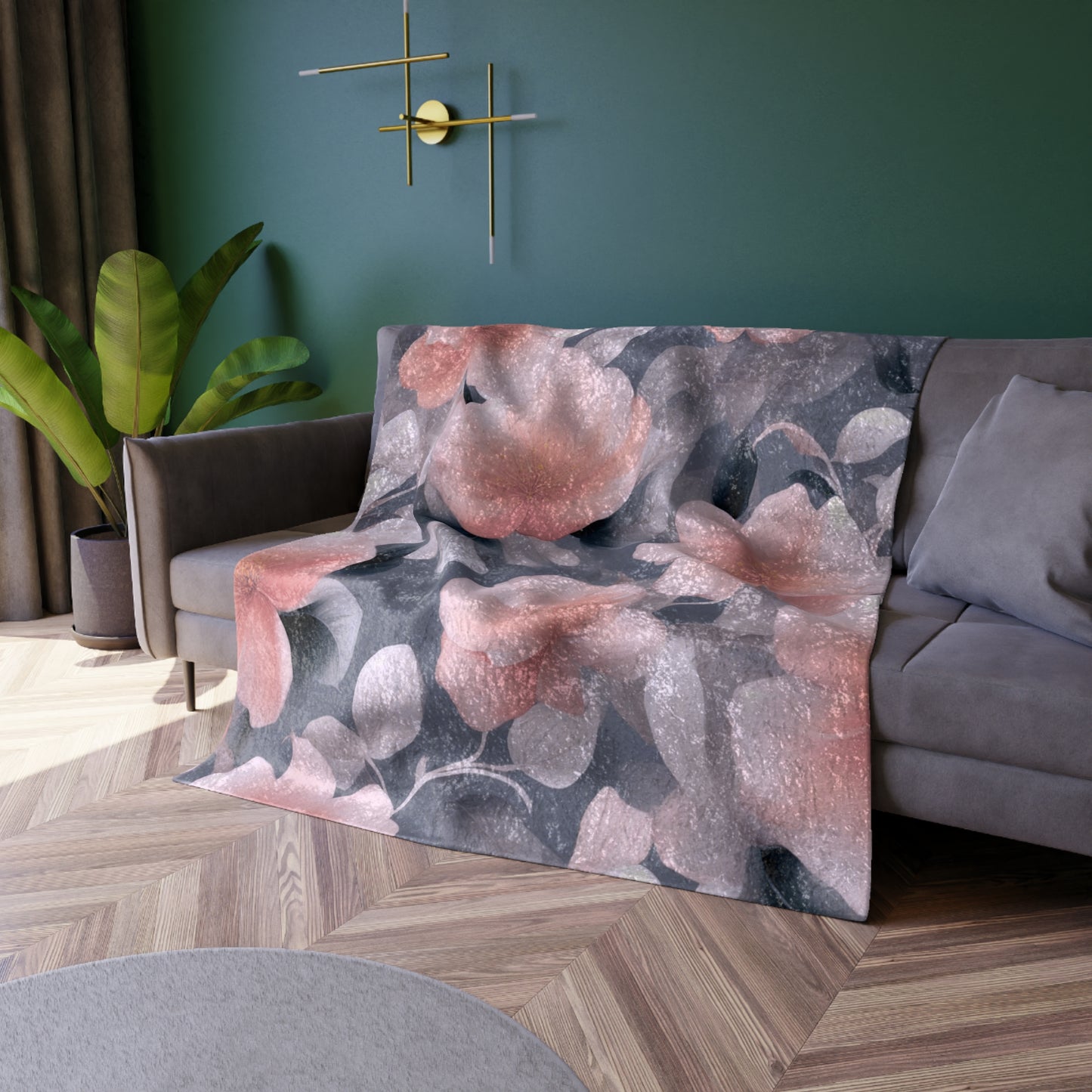 Peach and Blue Gray Floral Bunch Crushed Velvet Blanket, 50" x 60"