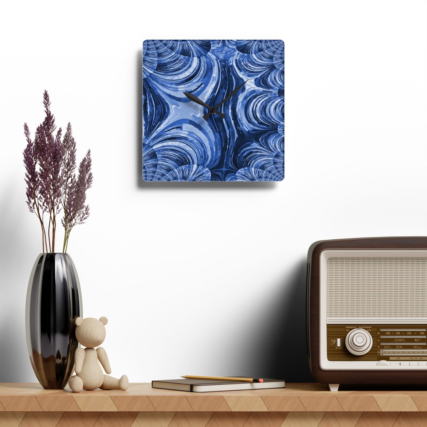 Uzi Spiral Deep Blue Acrylic Wall Clock, Round or Square, 10.75" x 10.75"