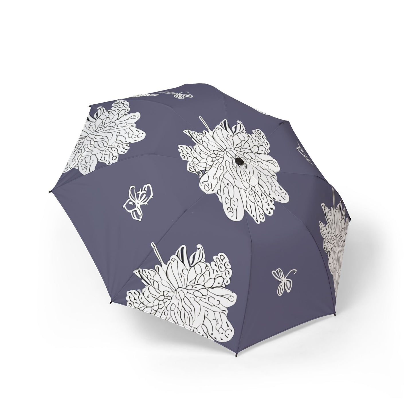 White Floral Butterflies Foldable Umbrella - Compact & Chic