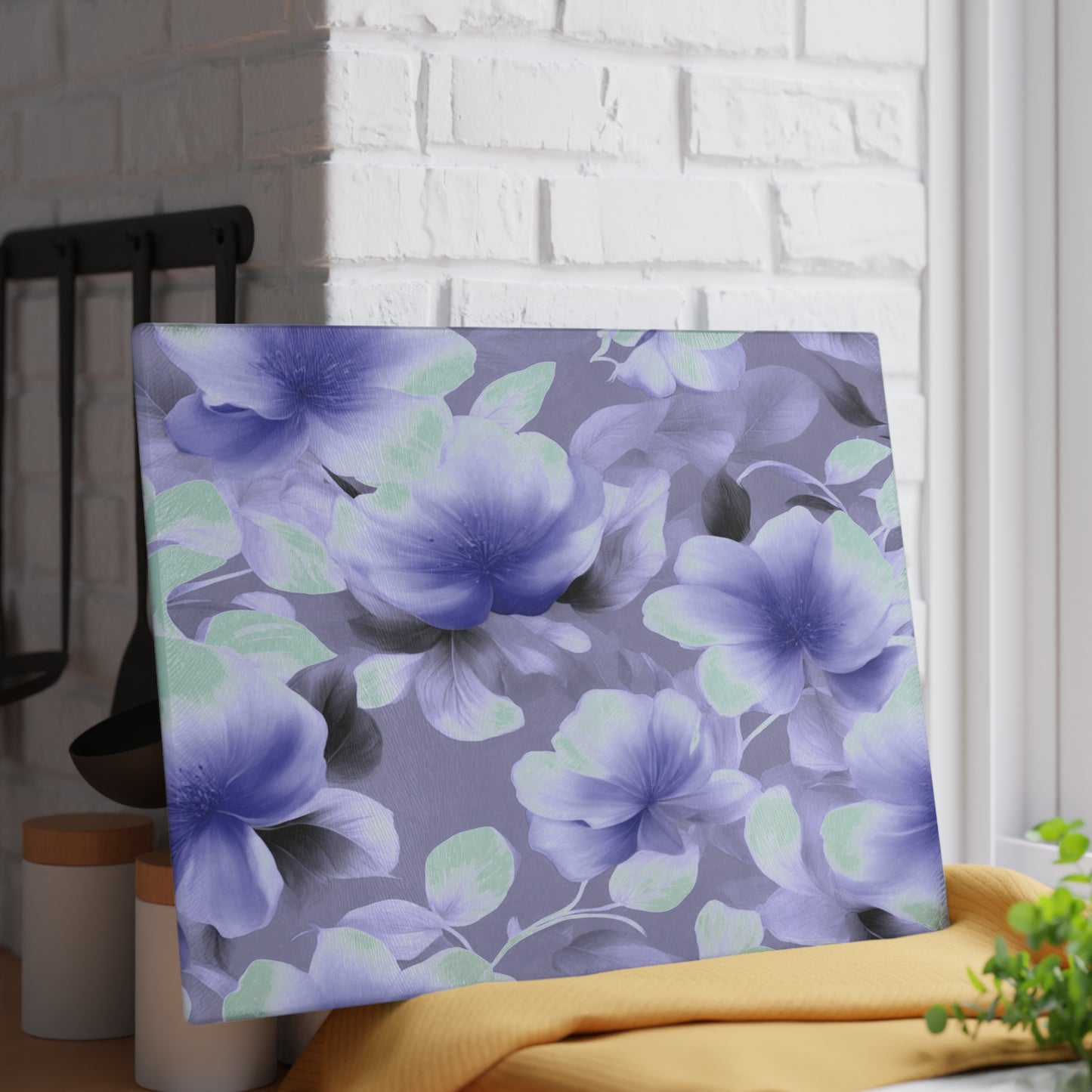 Indigo Blossom Floral Bunch Glass Cutting Board, 11" x 15"