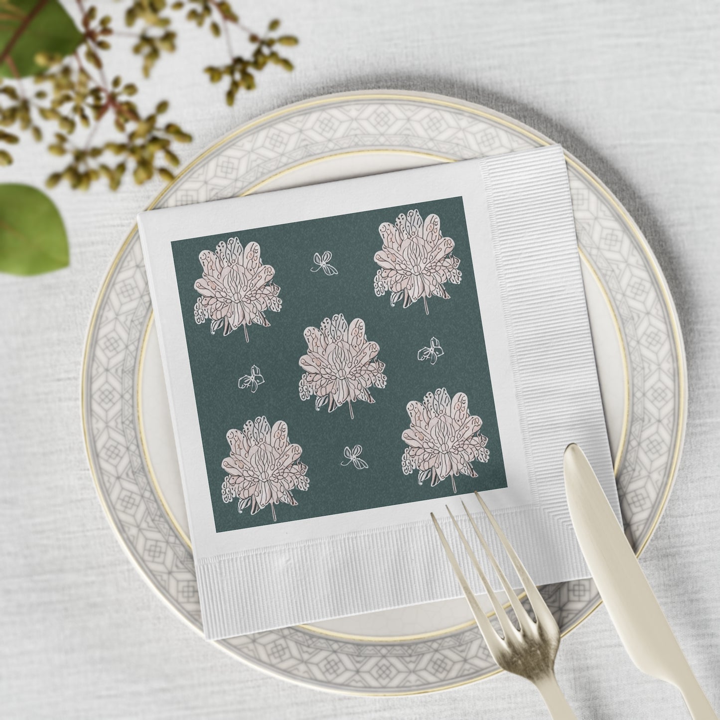 Soft White Floral Butterflies White Coined Napkins, 6.5" x 6.5"