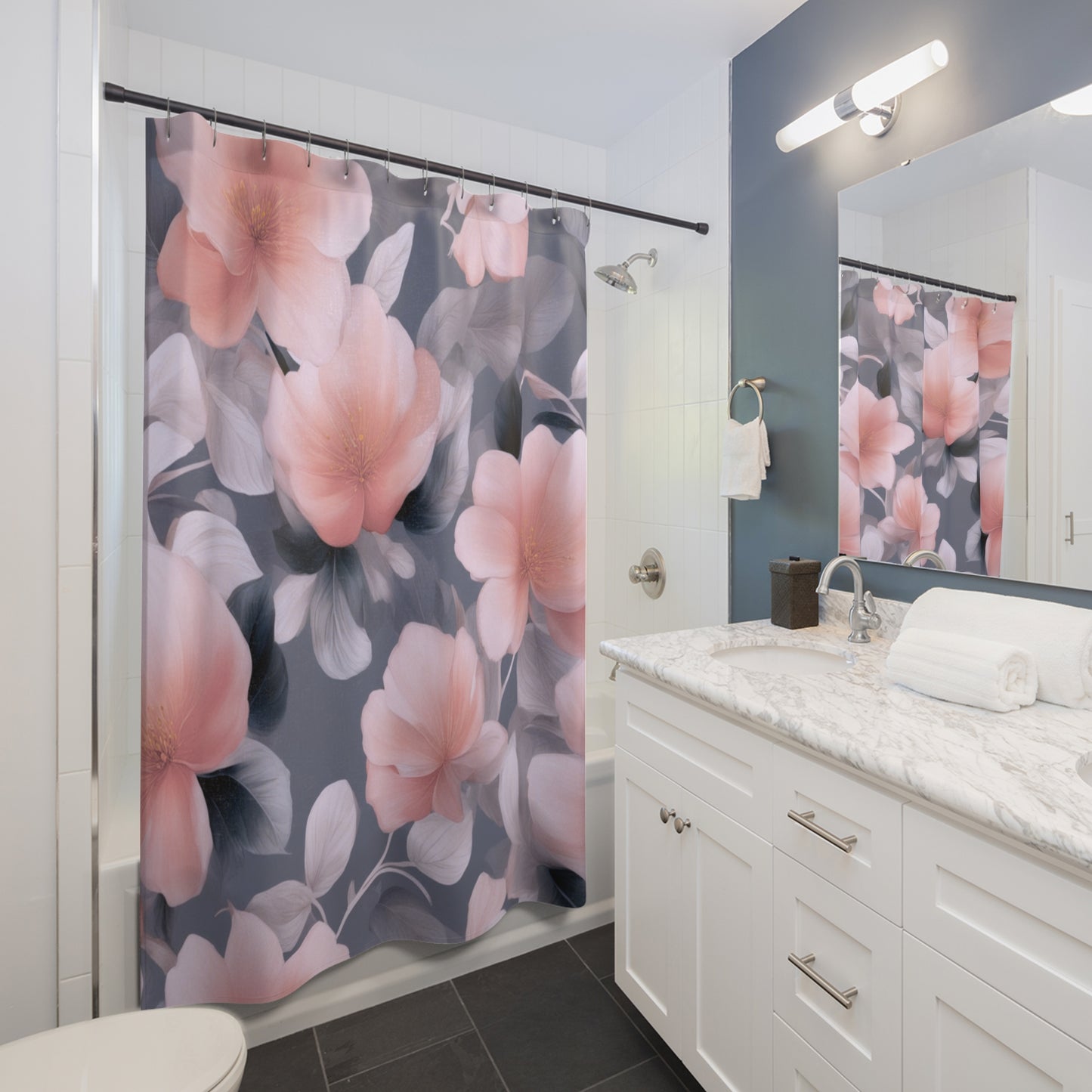 Peach and Blue Gray Floral Bunch Shower Curtains, 71" x 74"