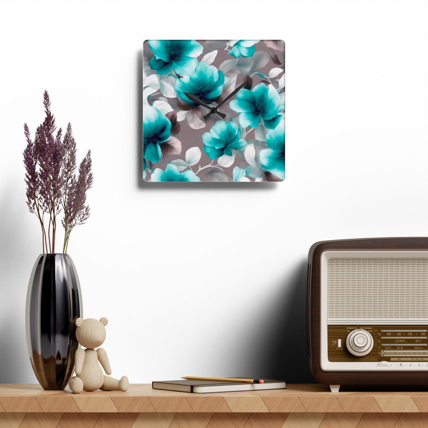 Tif Green Gray Floral Bunch Acrylic Wall Clock, Round or Square, 10.75" x 10.75"