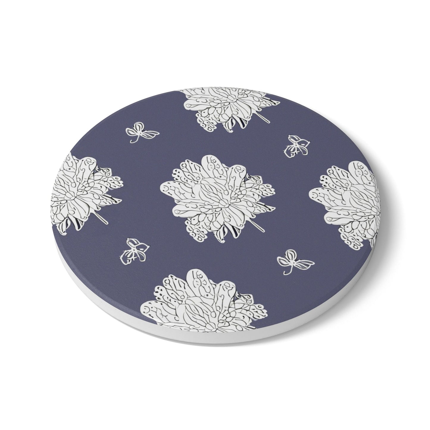 White Floral Butterflies 4" x 4" Round Ceramic Coaster
