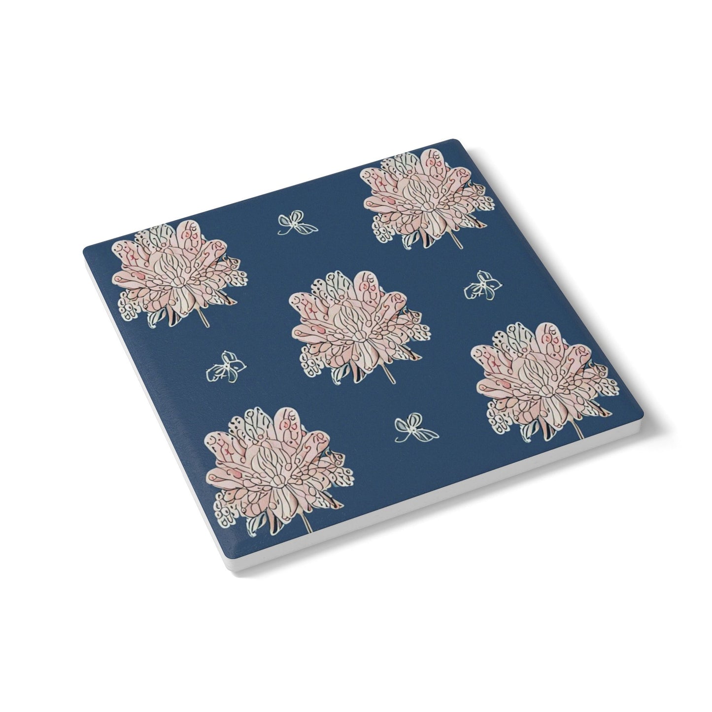 Rose White Floral Butterflies 4" x 4" Square Ceramic Coaster