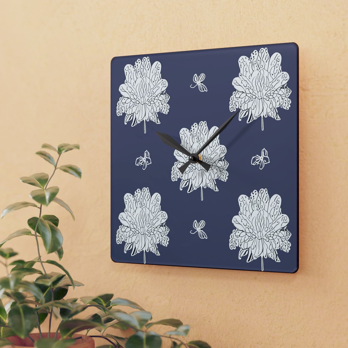 White Floral Butterflies Acrylic Wall Clock, Round or Square, 10.75" x 10.75"