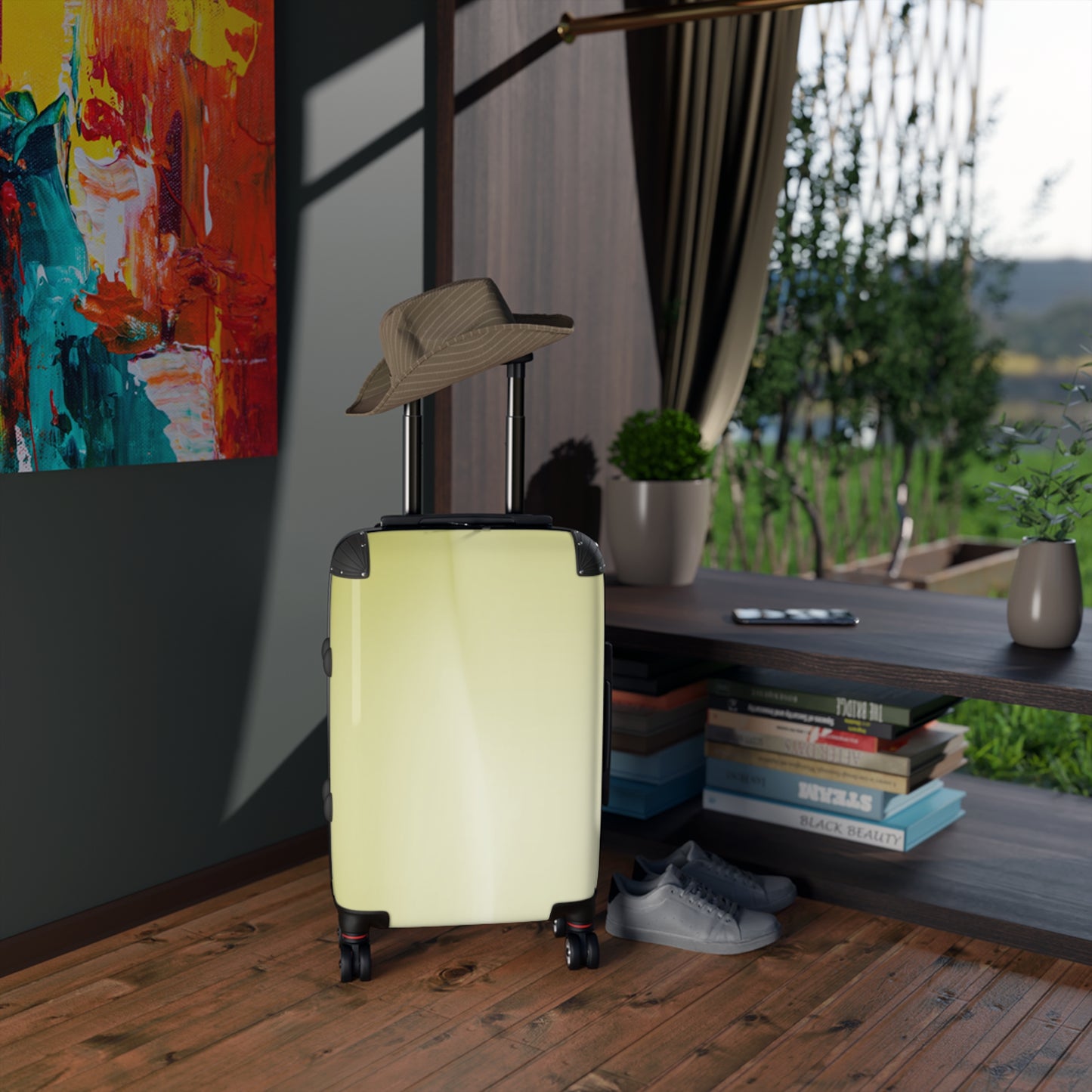 Lemon Fade Small Suitcase with built in lock, 4 double-wheels, telescopic handle, and ABS back hard-shell