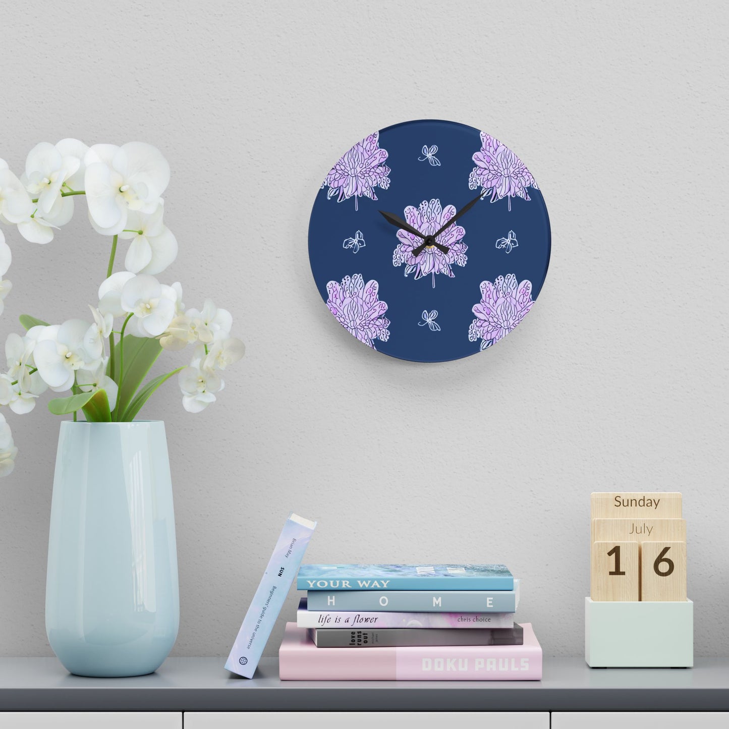 Purple White Floral Butterflies Acrylic Wall Clock, Round or Square, 10.75" x 10.75"