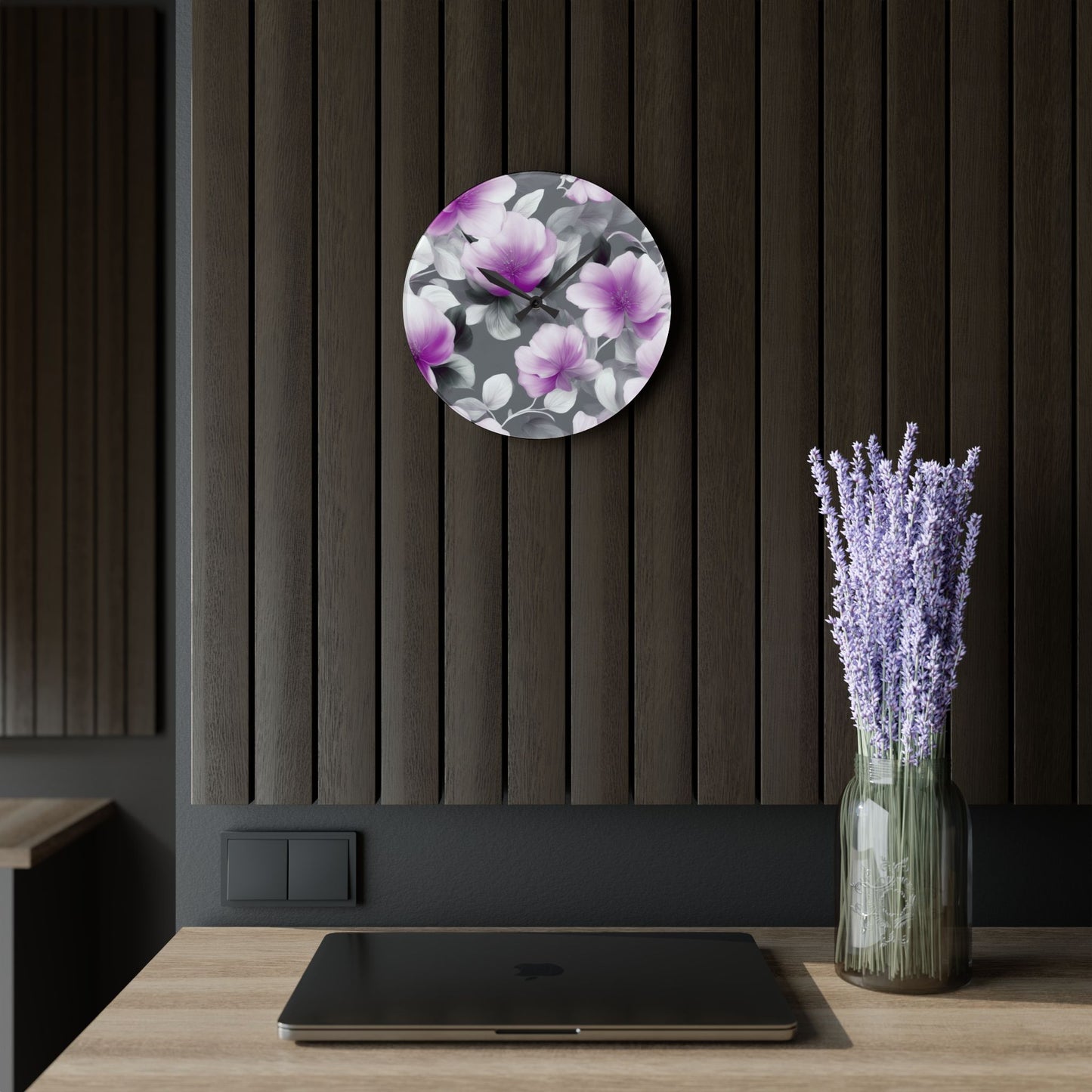 Purple Blossom Floral Bunch Acrylic Wall Clock, Round or Square, 10.75" x 10.75"