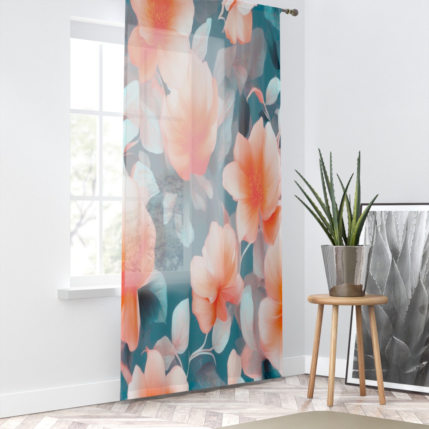 Orange Blossom Floral Bunch Sheer Window Curtain, 50" x 84", partially transparent