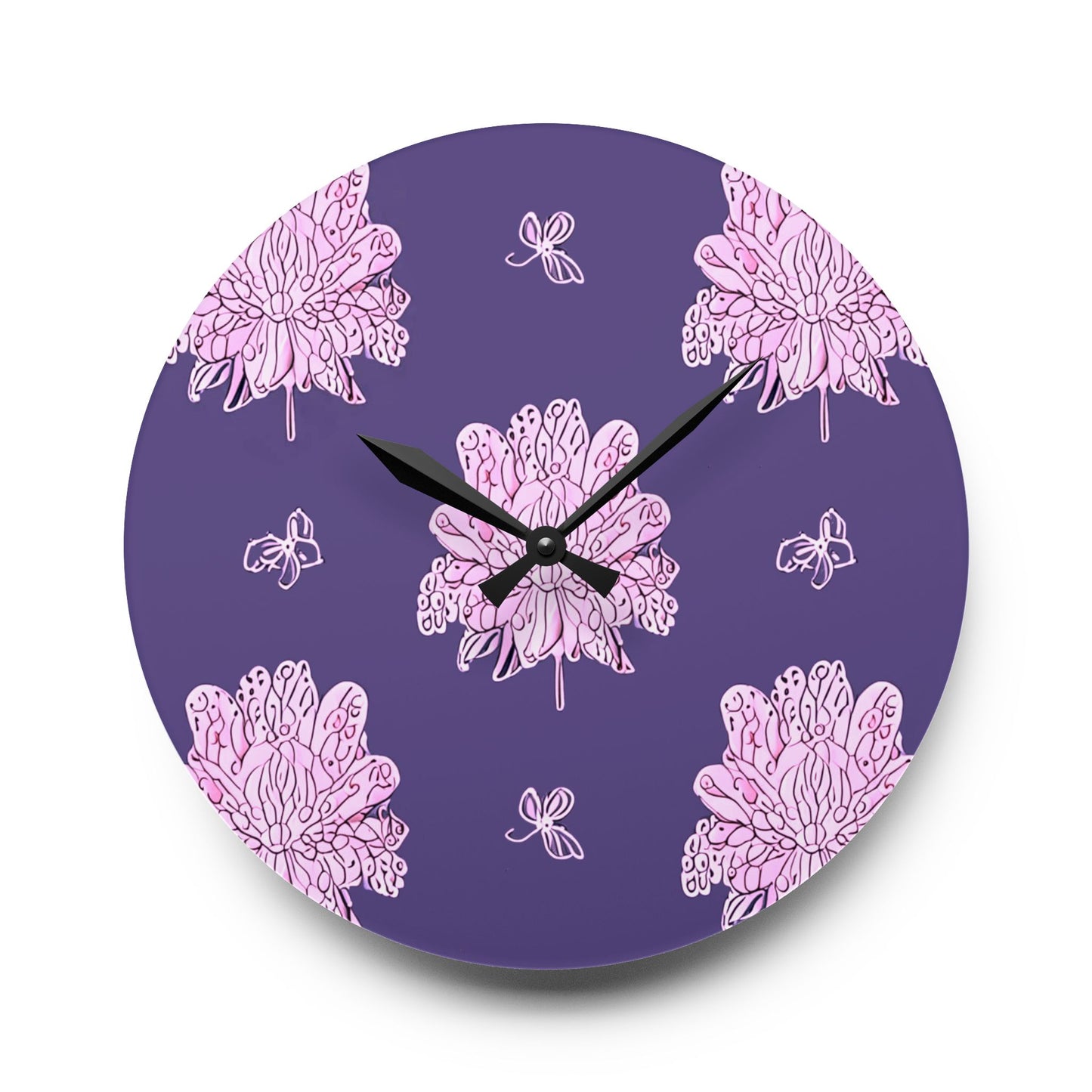 Magenta Floral Butterflies Acrylic Wall Clock, Round or Square, 10.75" x 10.75"