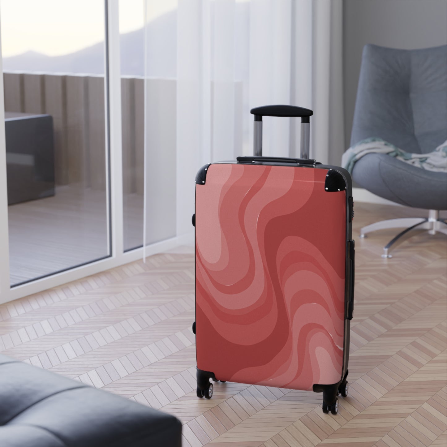 Power Red Wavey Medium Suitcase with built in lock, 4 double-wheels, telescopic handle, and ABS back hard-shell