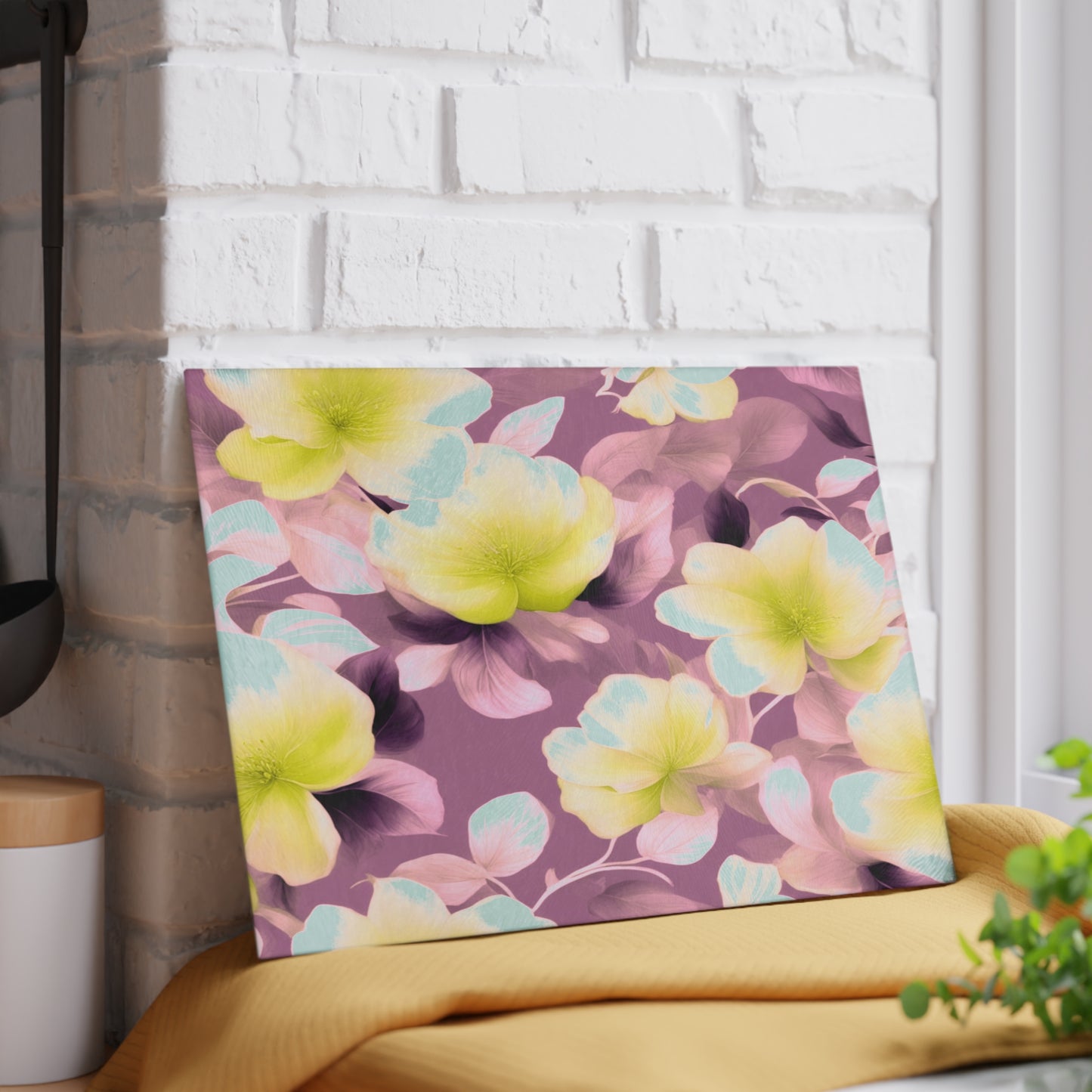 Lemon Blossom Floral Bunch Glass Cutting Board, 8" x 11"