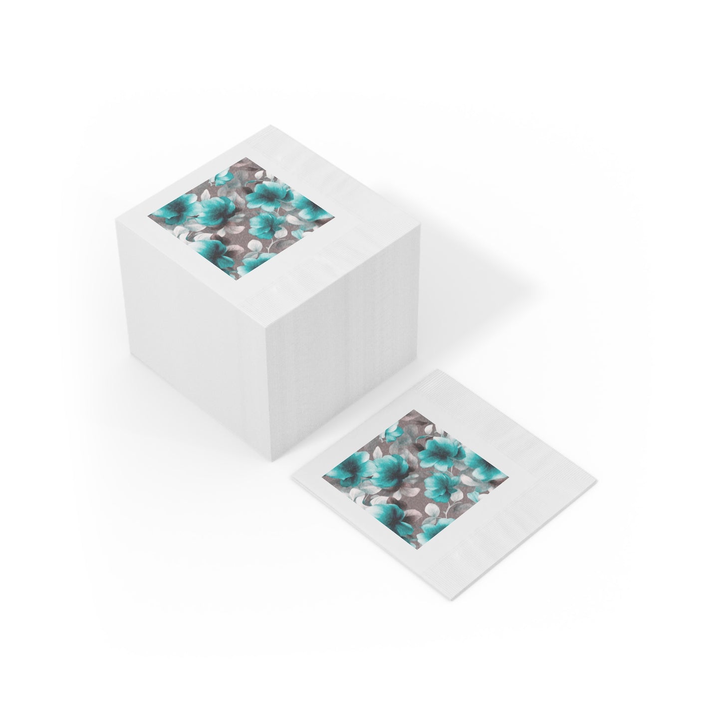 Tif Green Gray Floral Bunch White Coined Napkins, 4.8" x 4.8"