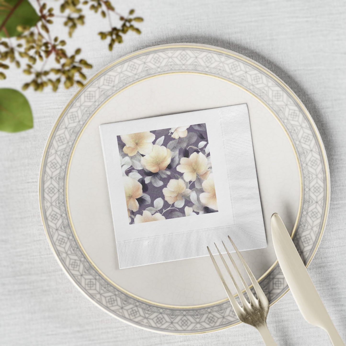 White Blush Floral Bunch White Coined Napkins, 4.8" x 4.8"