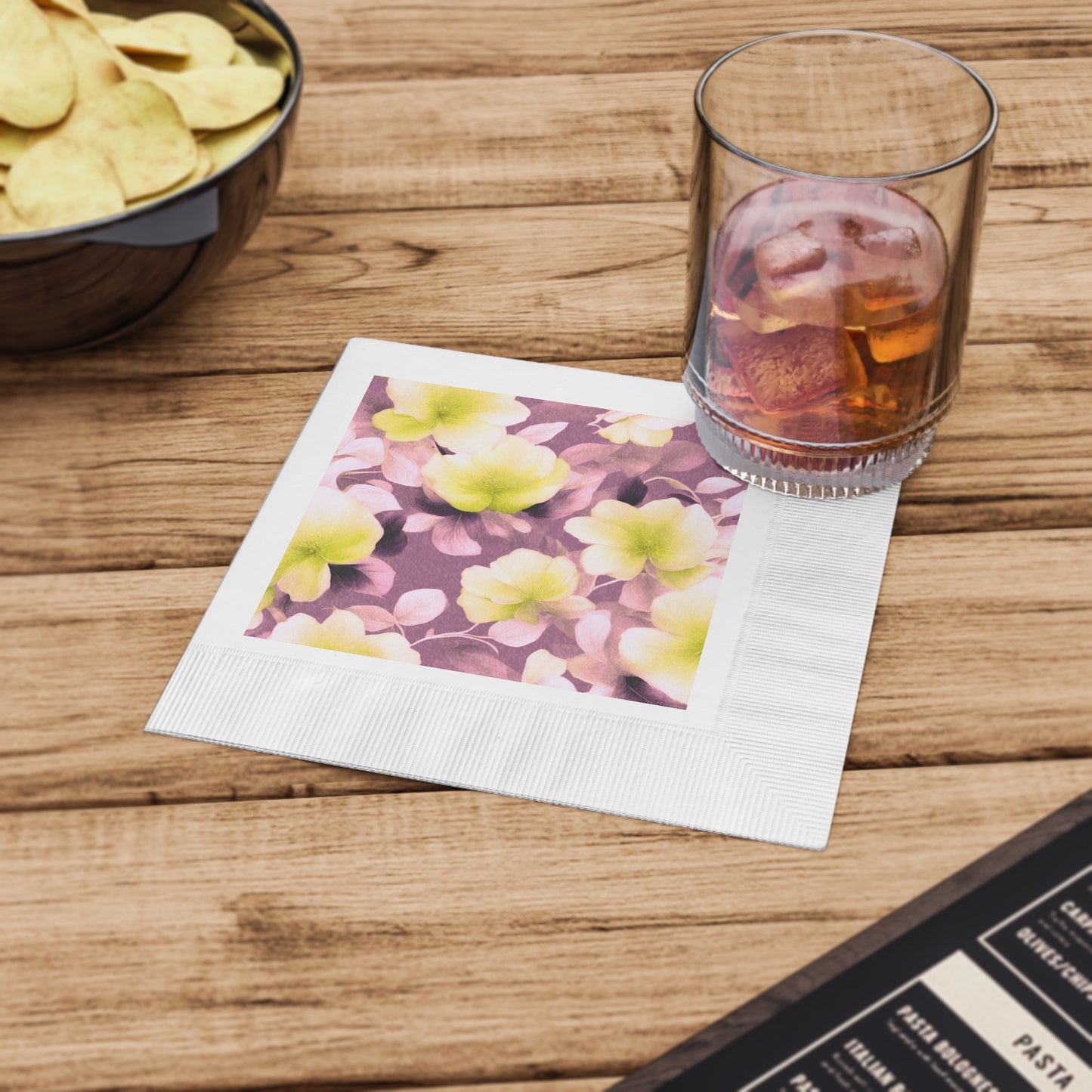 Lemon Blossom Floral Bunch White Coined Napkins, 6.5" x 6.5"
