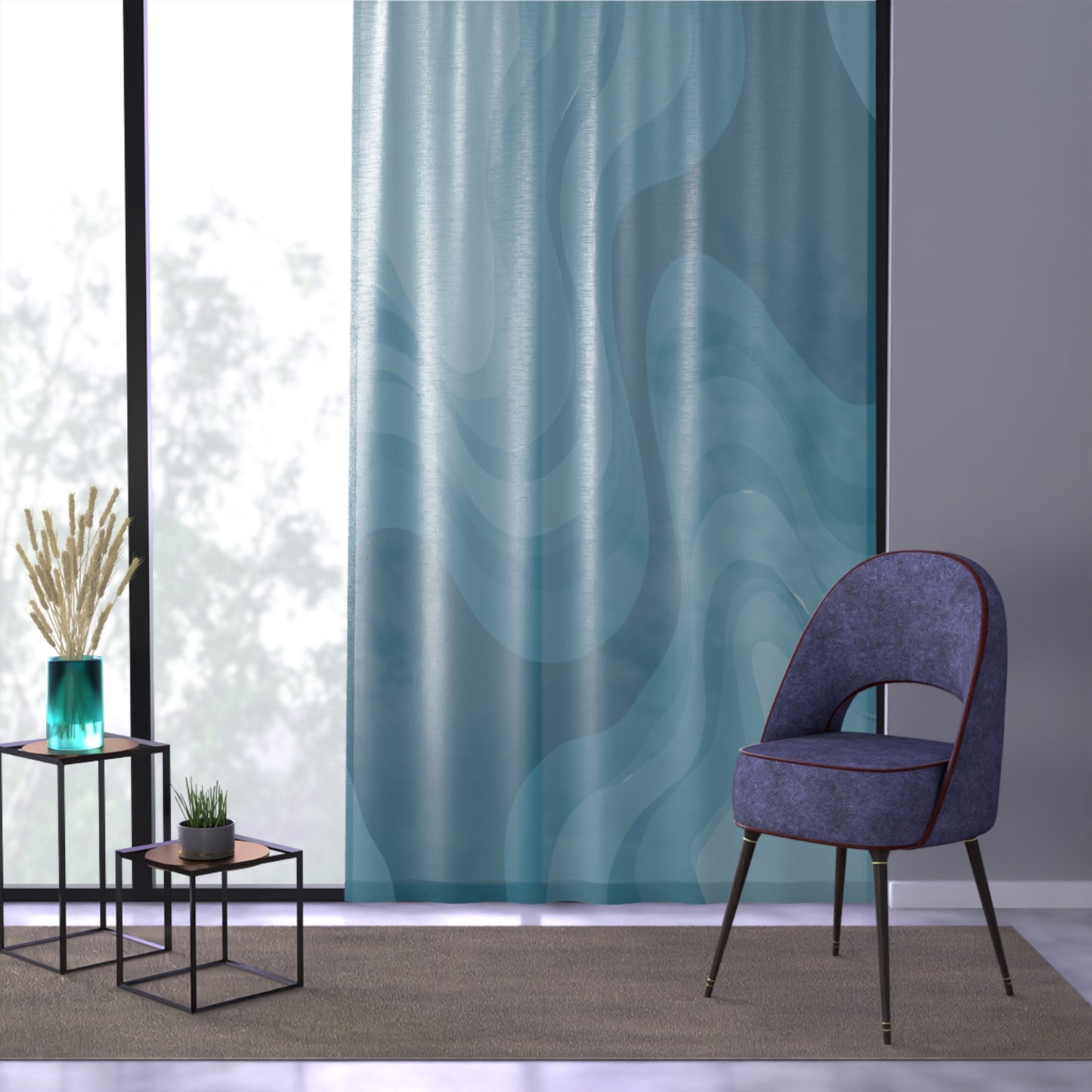 Sky Blue Wavey Sheer Window Curtain, 50" x 84", partially transparent