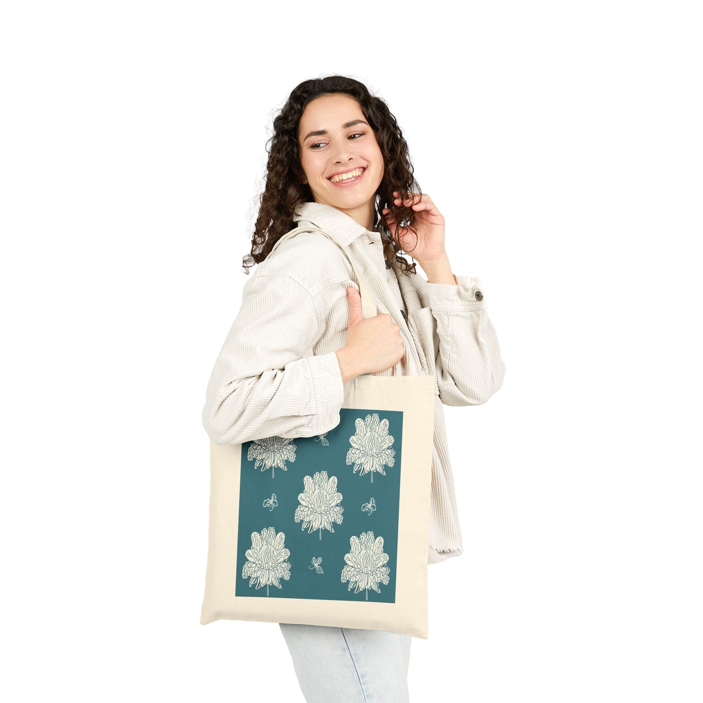 Tif Green White Floral Butterflies Cotton Canvas Tote Bag