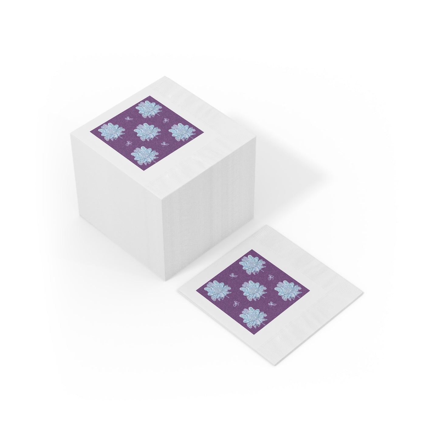 Blue Floral Butterflies White Coined Napkins, 4.8" x 4.8"
