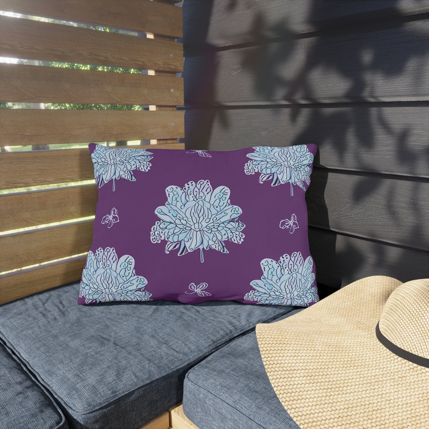 Blue Floral Butterflies 20" x 14" Outdoor Pillow