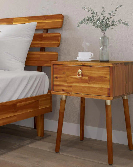 Bme Caden Solid Wood Nightstand – Fully Assembled Mid-Century Side/End Table with 1 Drawer for Bedroom or Living Room, Caramel