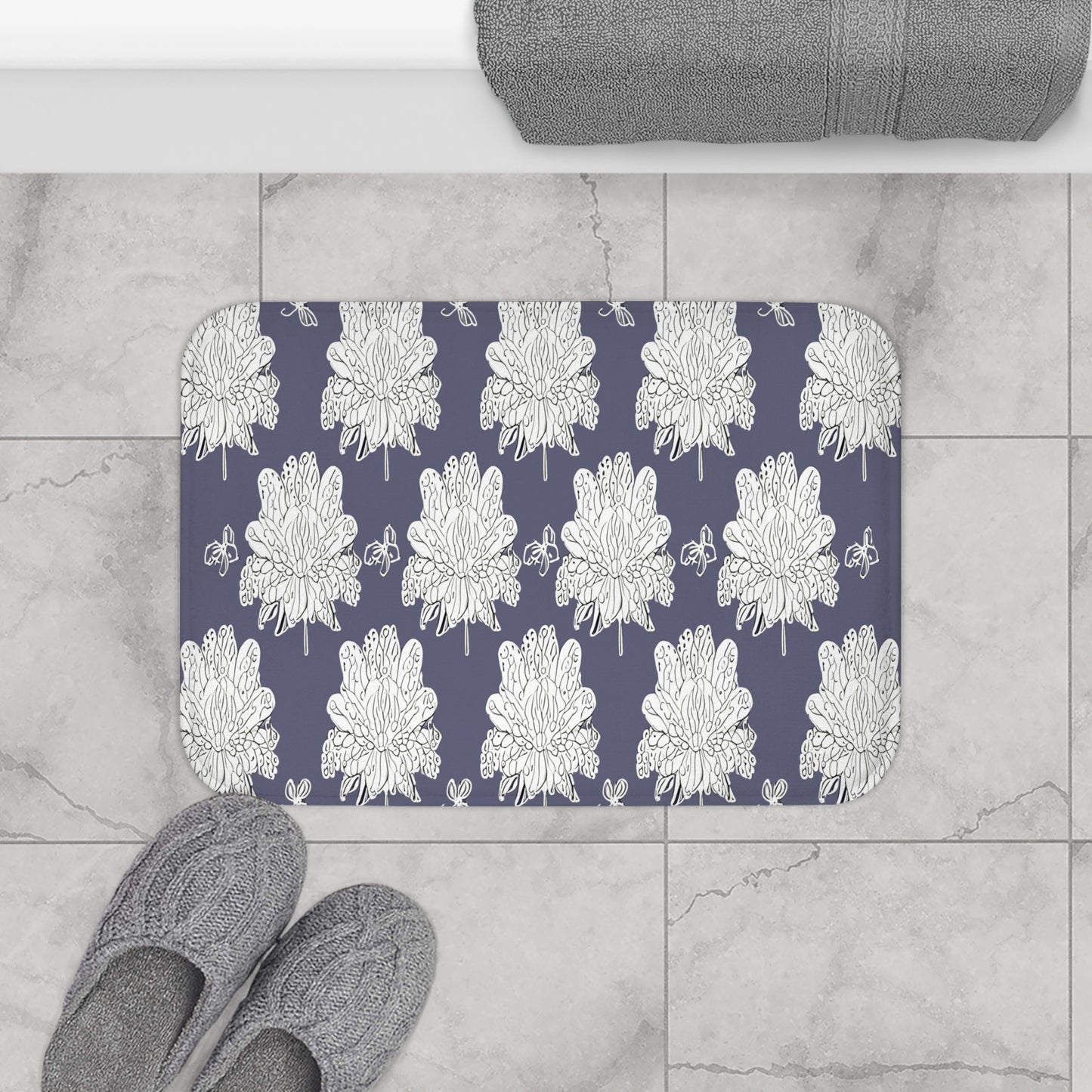 White Floral Butterflies 24" x 17" Bath Mat