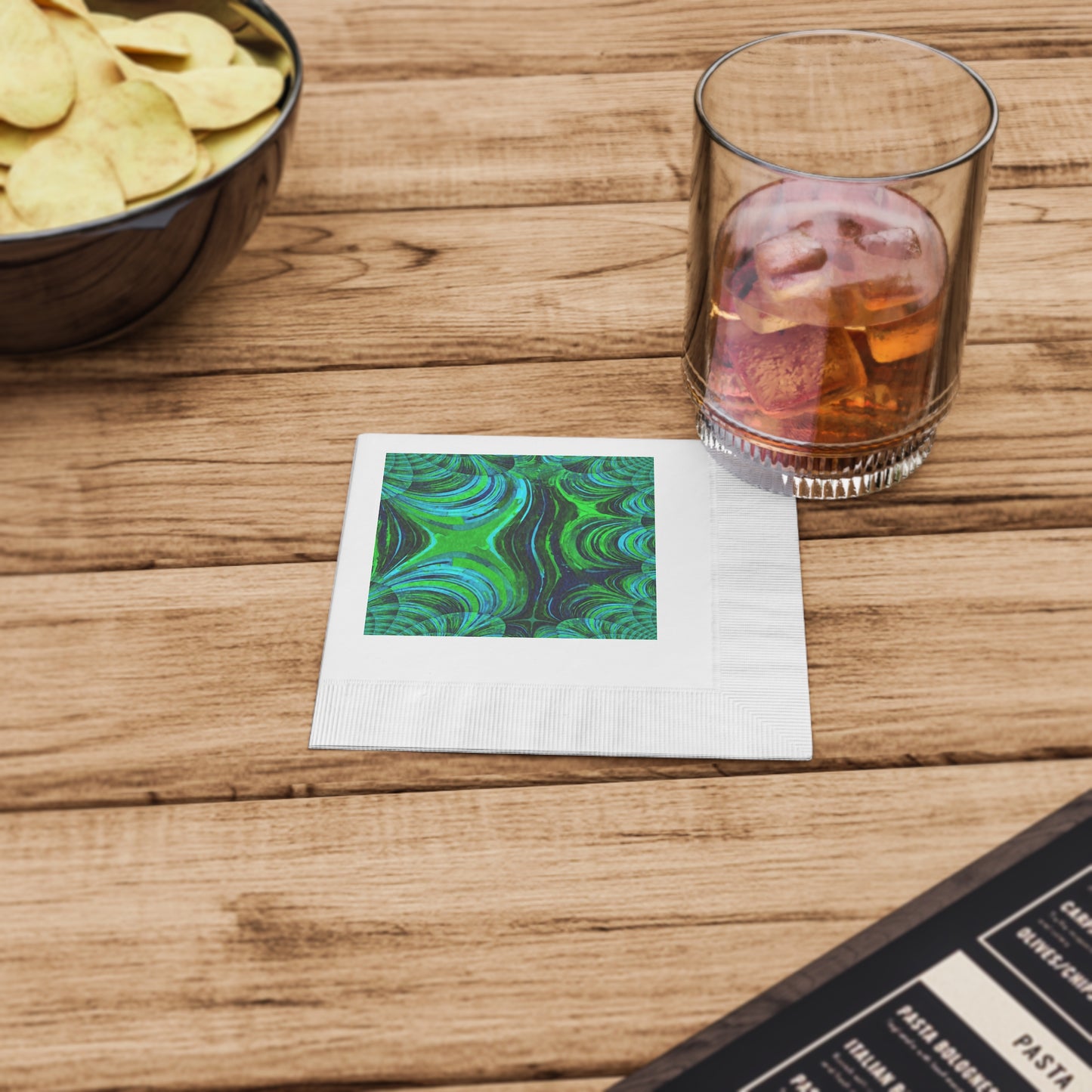 Uzi Spiral Blue Green White Coined Napkins, 4.8" x 4.8"