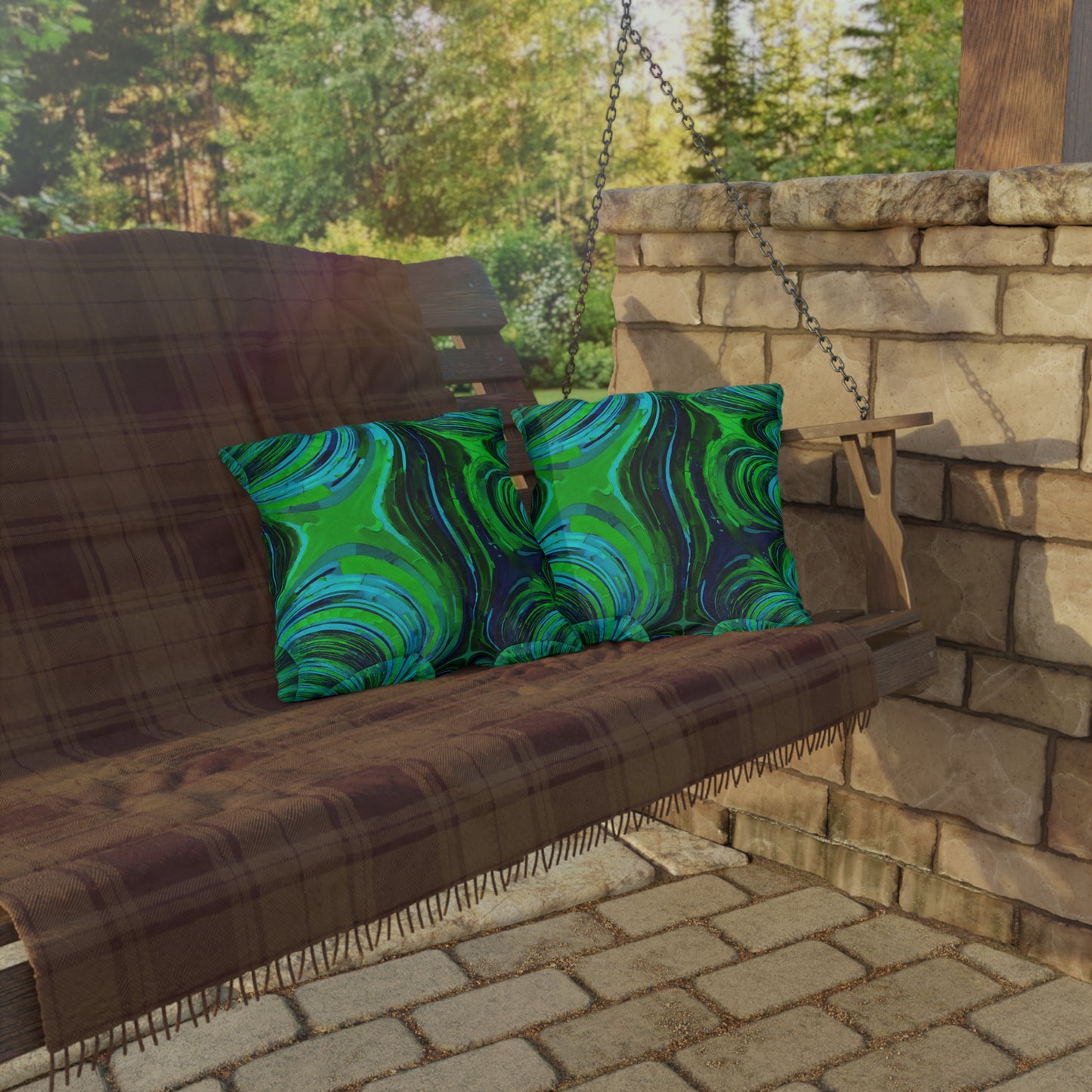 Uzi Spiral Blue Green Outdoor Pillow, 16" x 16"