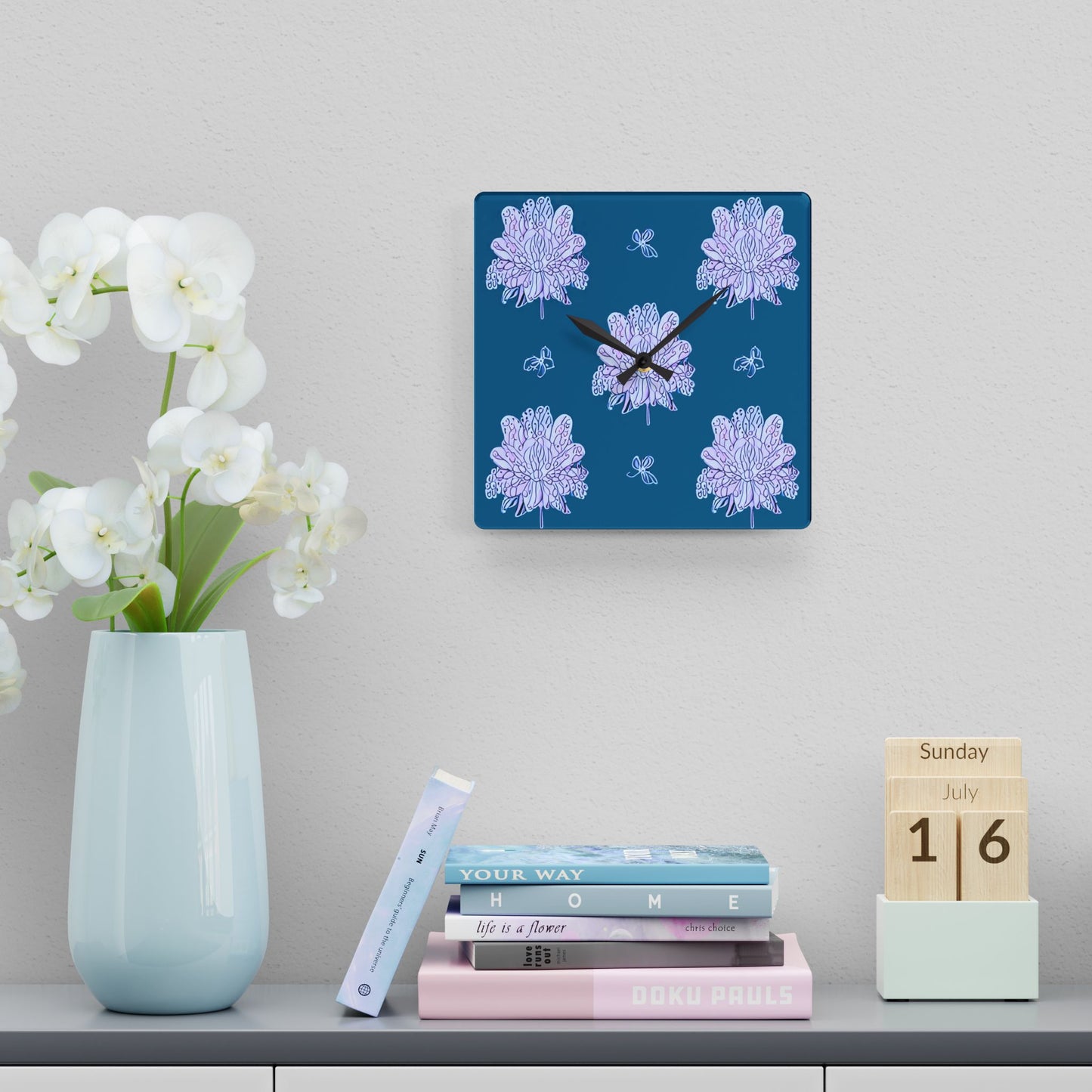 Lavender Floral Butterflies Acrylic Wall Clock, Round or Square, 10.75" x 10.75"