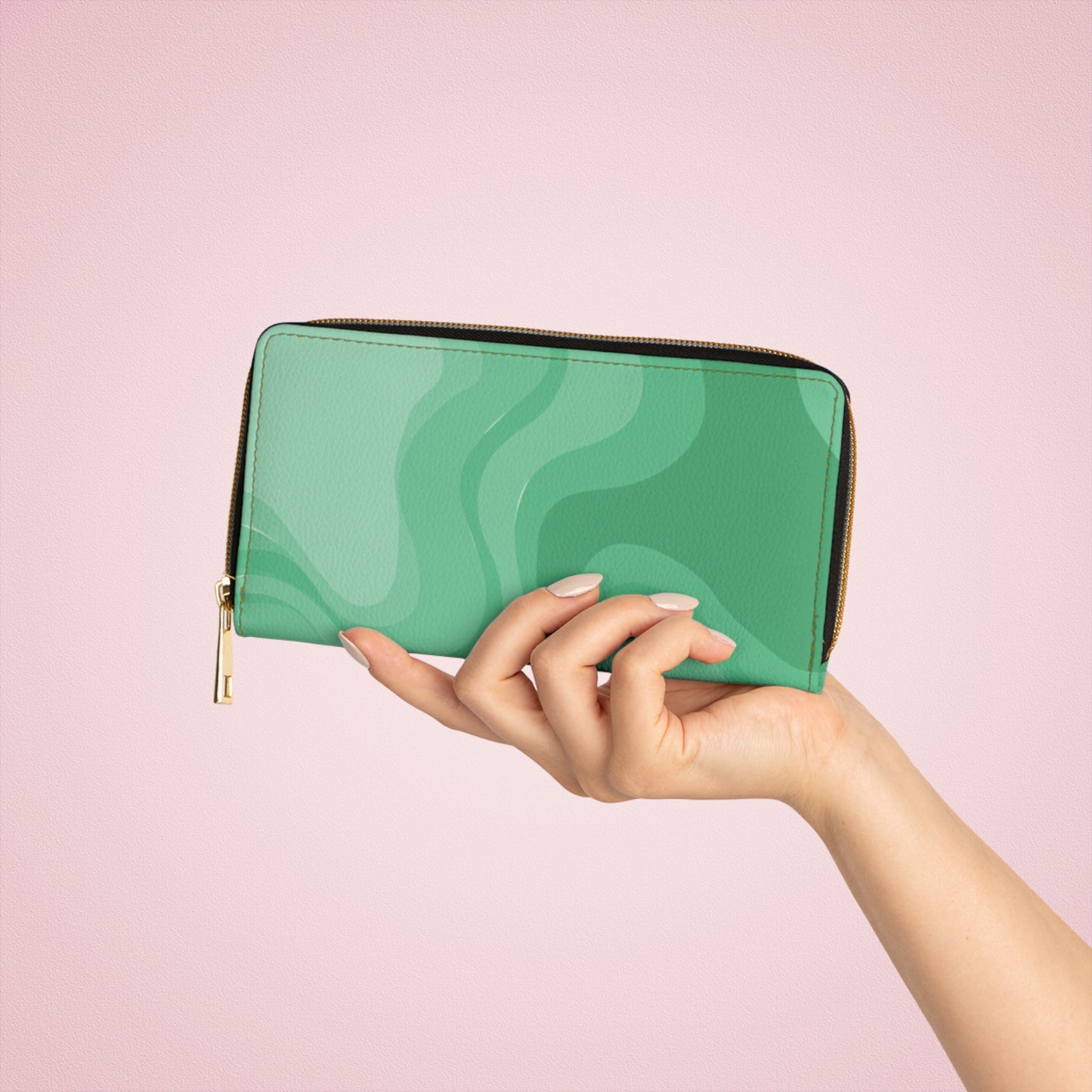 Mint Green Wavey Elegant Abstract Zipper Wallet - Stylish & Functional Accessory for Everyday Use