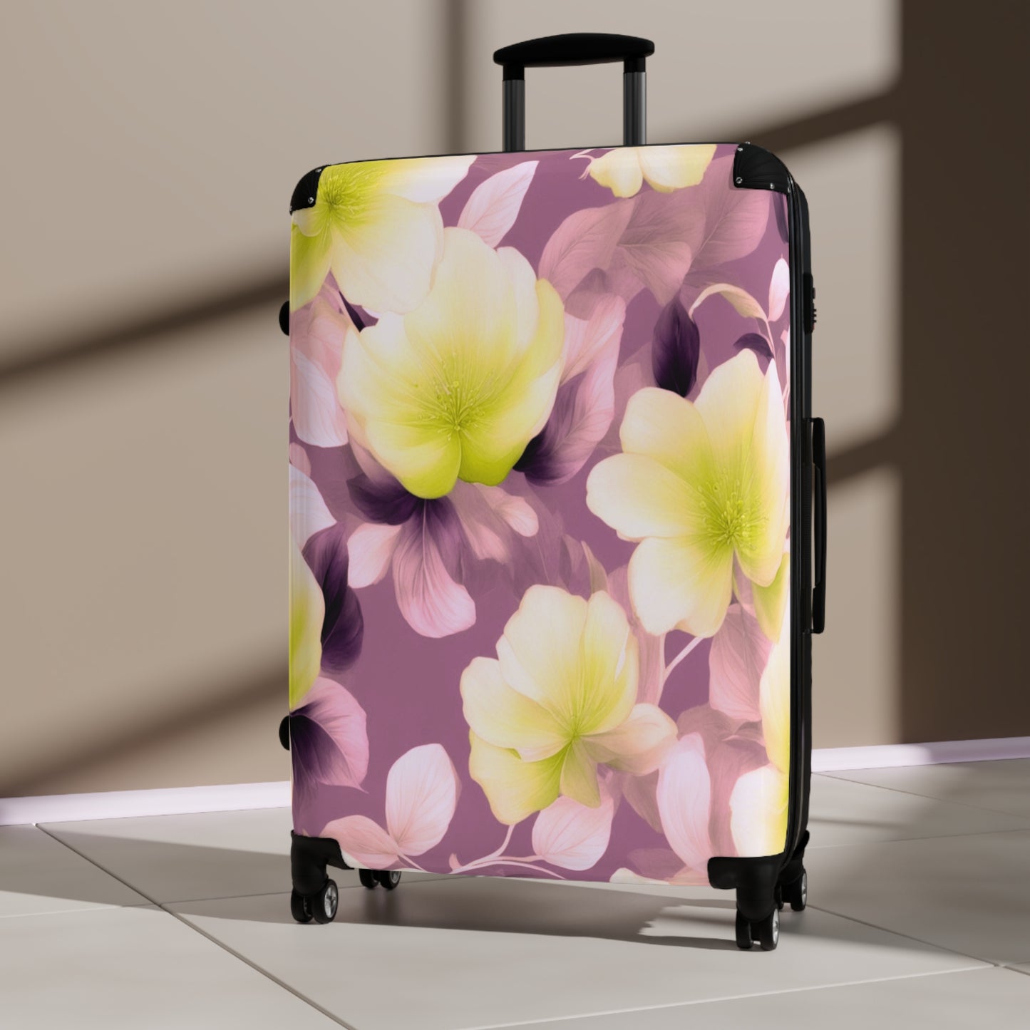 Lemon Blossom Floral Bunch Large Suitcase with built in lock, 4 double-wheels, telescopic handle, and ABS back hard-shell