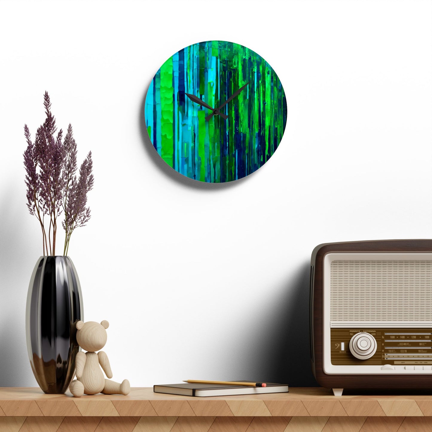 Striped Blue Green Acrylic Wall Clock, Round or Square, 10.75" x 10.75"