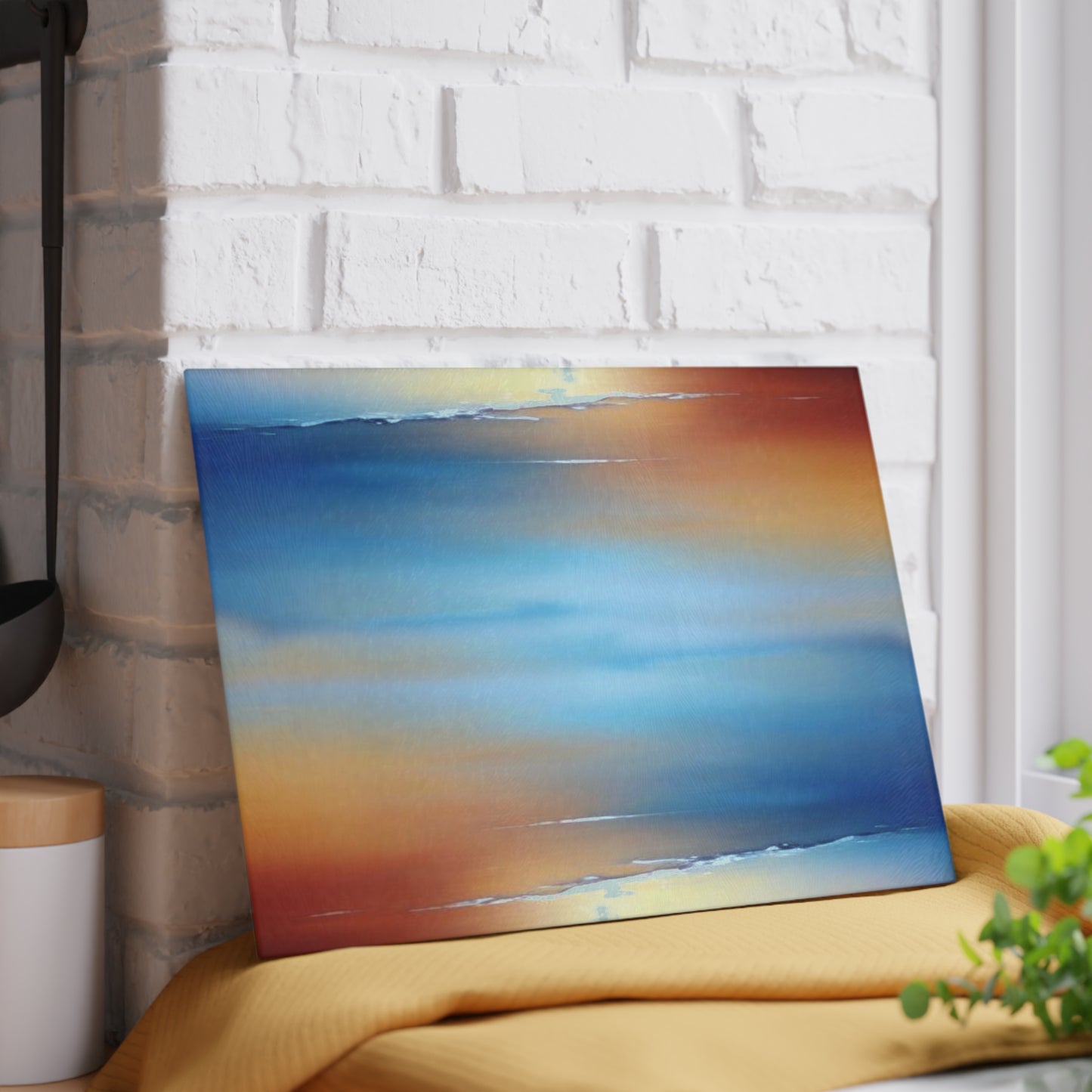 Blue Sea Red Orange Fog 8" x 11" Glass Cutting Board