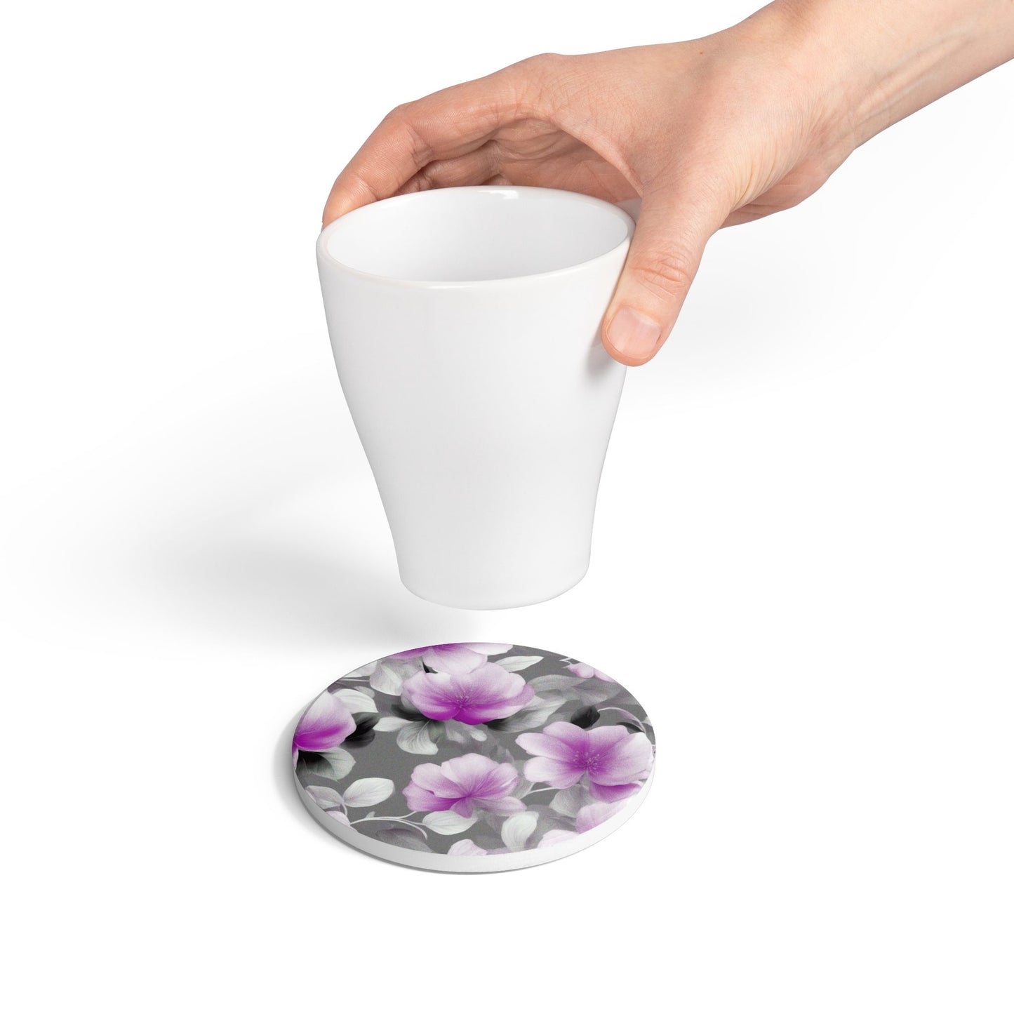 Purple Blossom Floral Bunch Round Ceramic Coaster, 4" x 4"