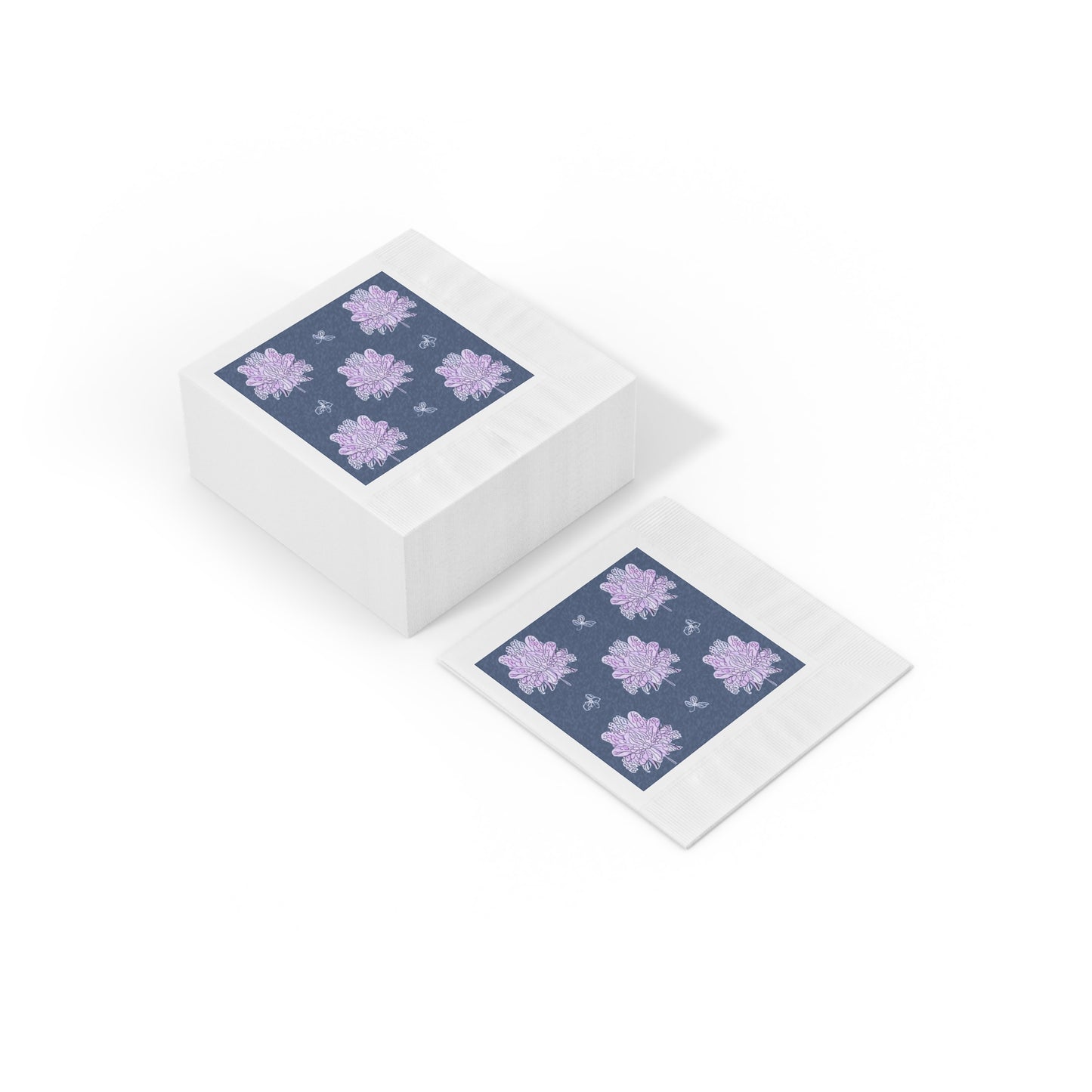 Purple White Floral Butterflies White Coined Napkins, 6.5" x 6.5"
