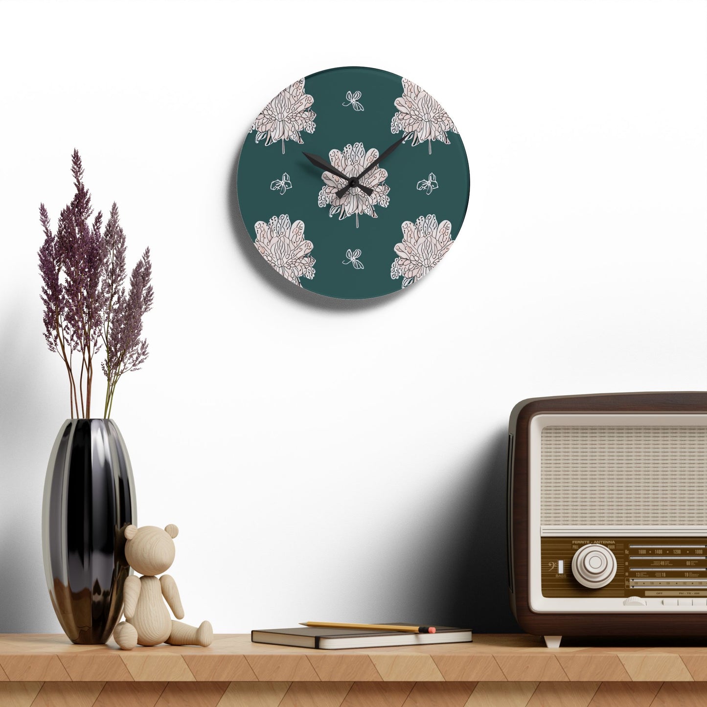 Soft White Floral Butterflies Acrylic Wall Clock, Round or Square, 10.75" x 10.75"