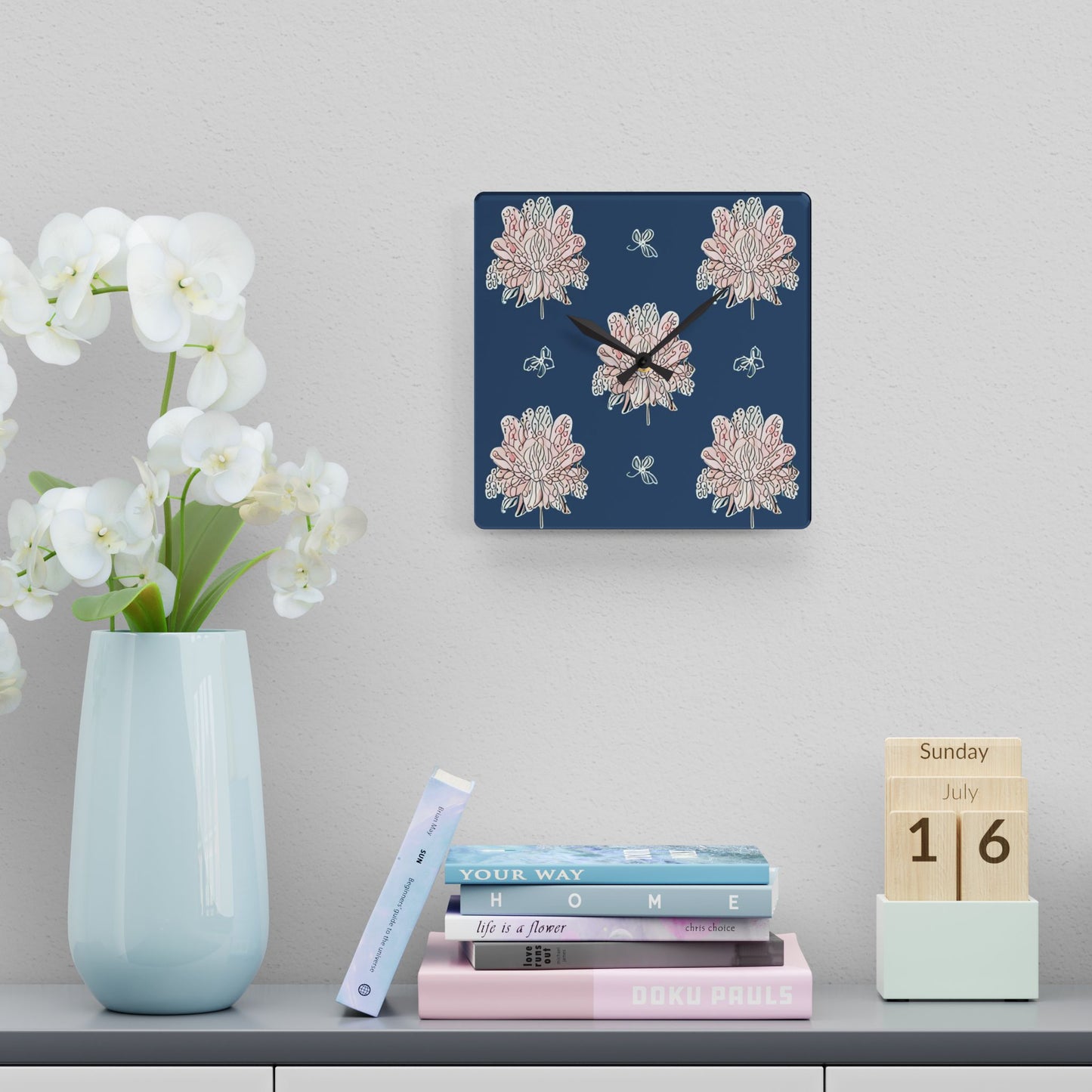 Rose White Floral Butterflies Acrylic Wall Clock, Round or Square, 10.75" x 10.75"